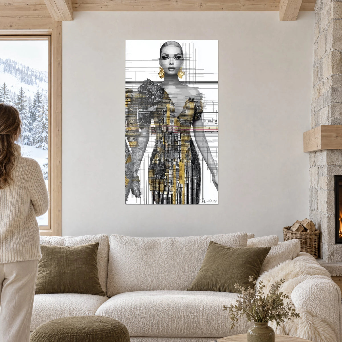 Wall art of a model in a gold and black sequined dress, gold earrings, hung above a sofa in a bright living room