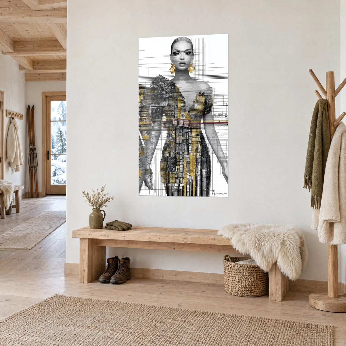 Wall art of a slender silhouette with glitch-style features, asymmetrical ochre and black dress, white background, in a chalet entrance