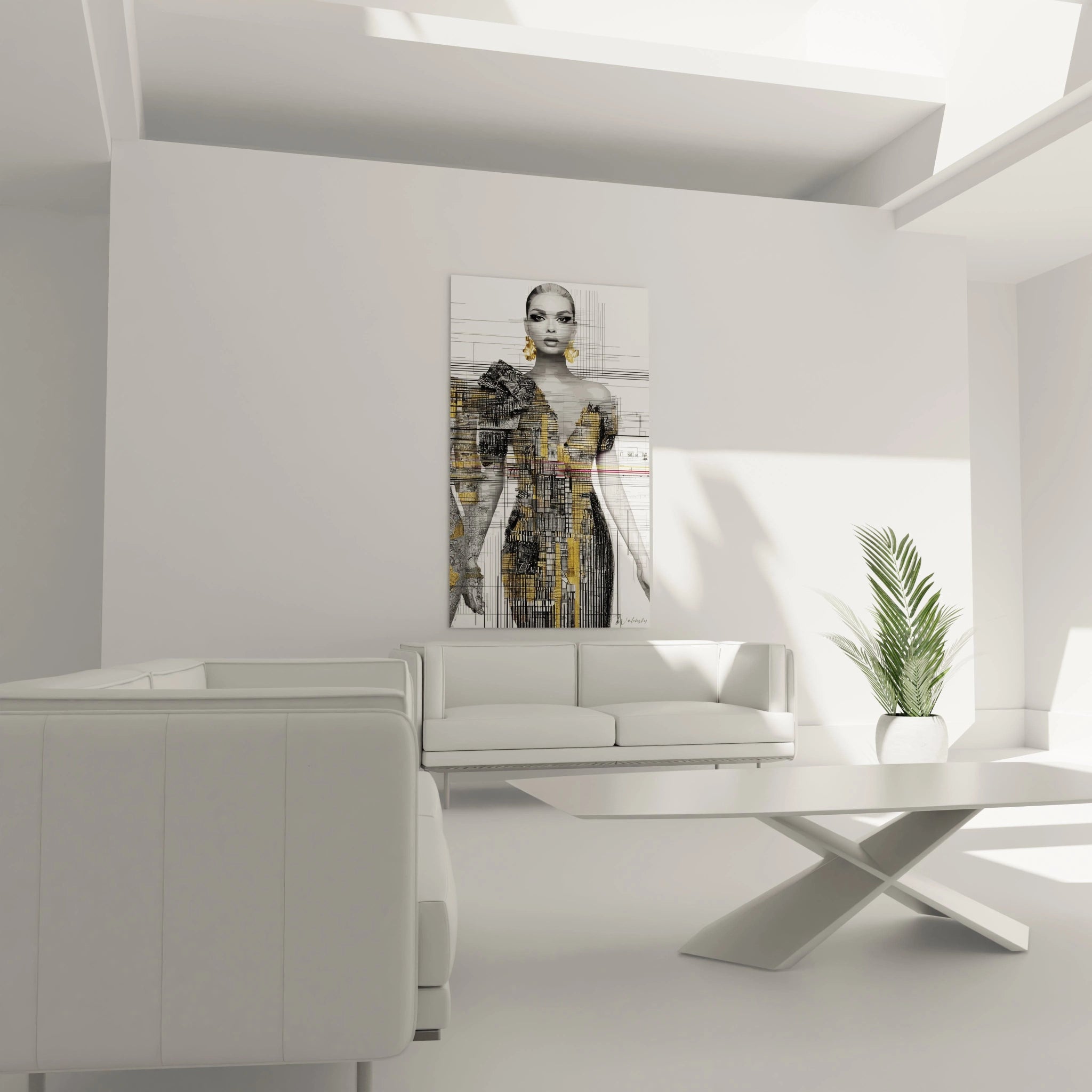 Tableau glitch art haute couture de Walensky, décor moderne pour salon contemporain