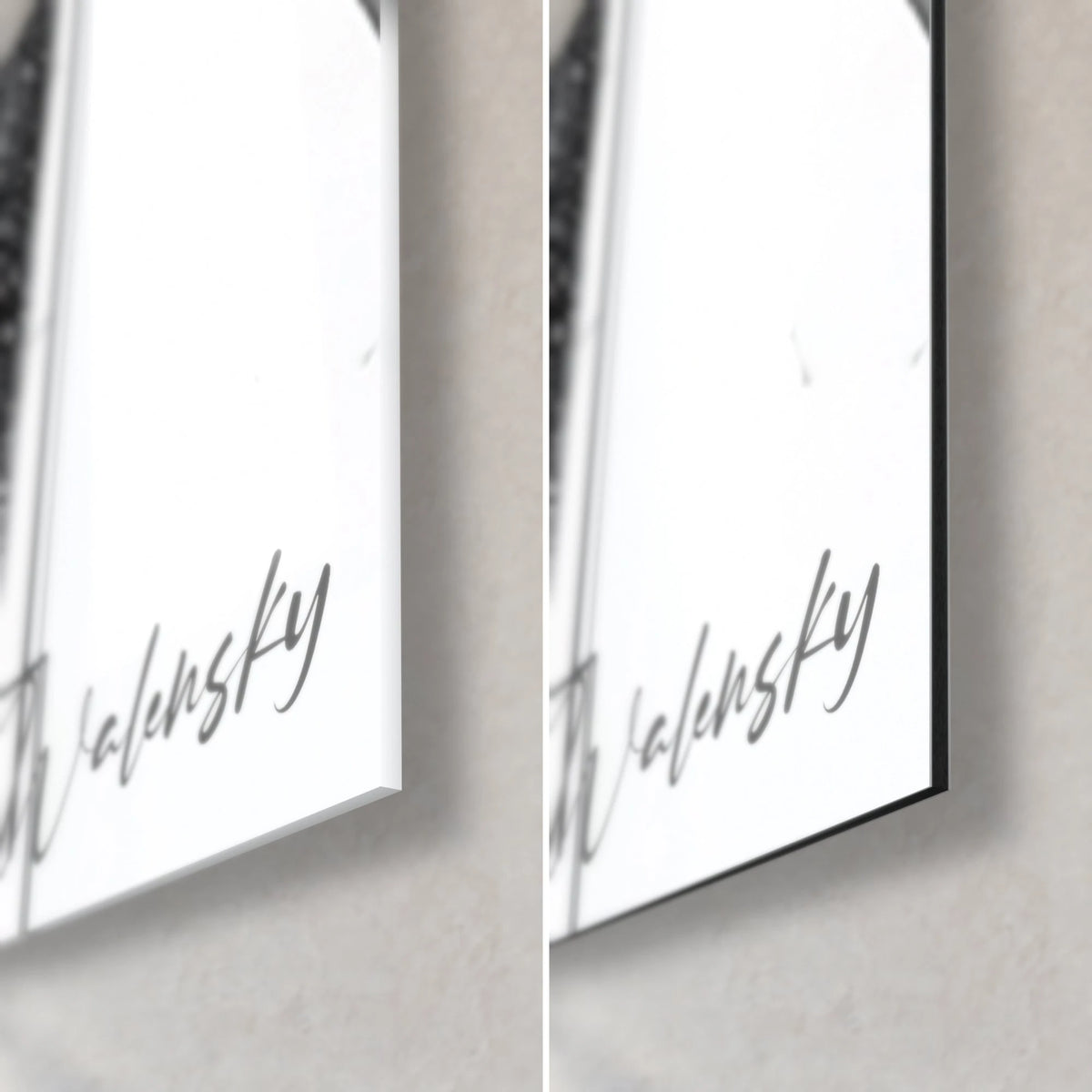 Beauty wall art in a gold dress, bottom right corner: glossy acrylic glass on the left, matte black Dibond on the right, Walensky signature