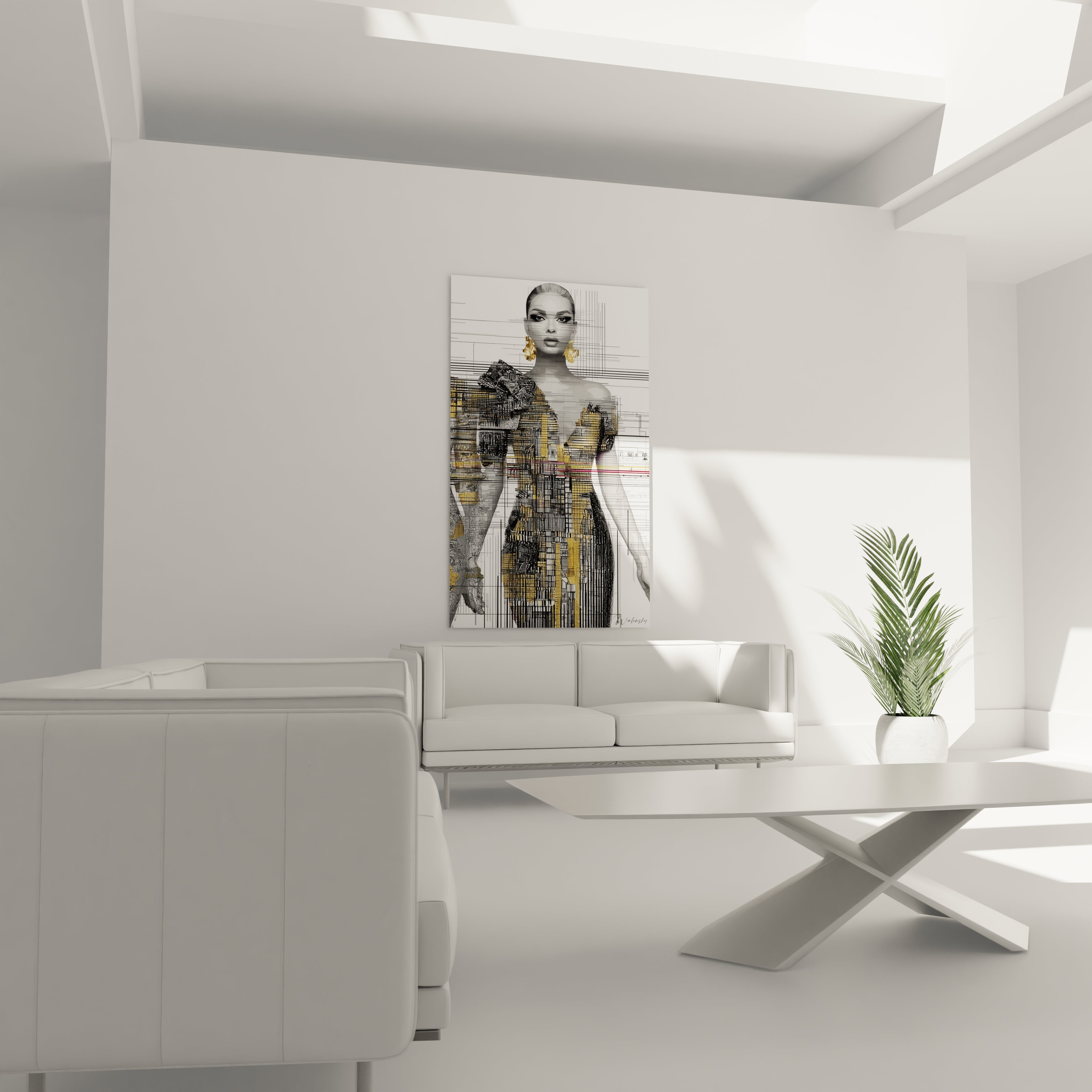 Tableau glitch art haute couture de Walensky, décor moderne pour salon contemporain