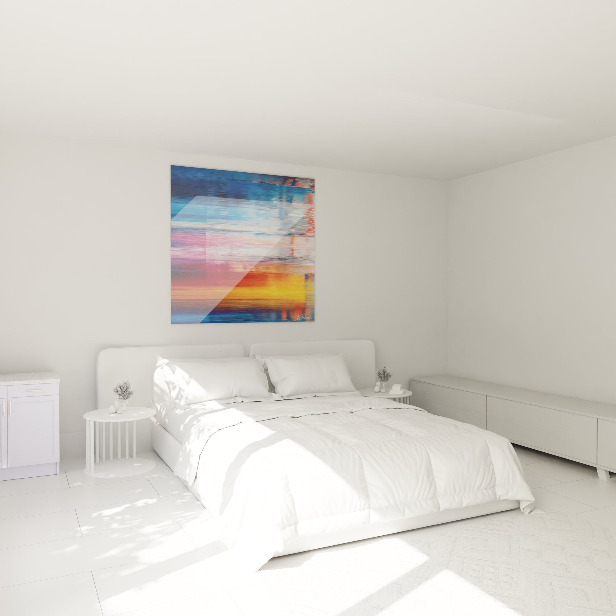 Tableau mural glitch numérique dans chambre moderne, décoration contemporaine colorée