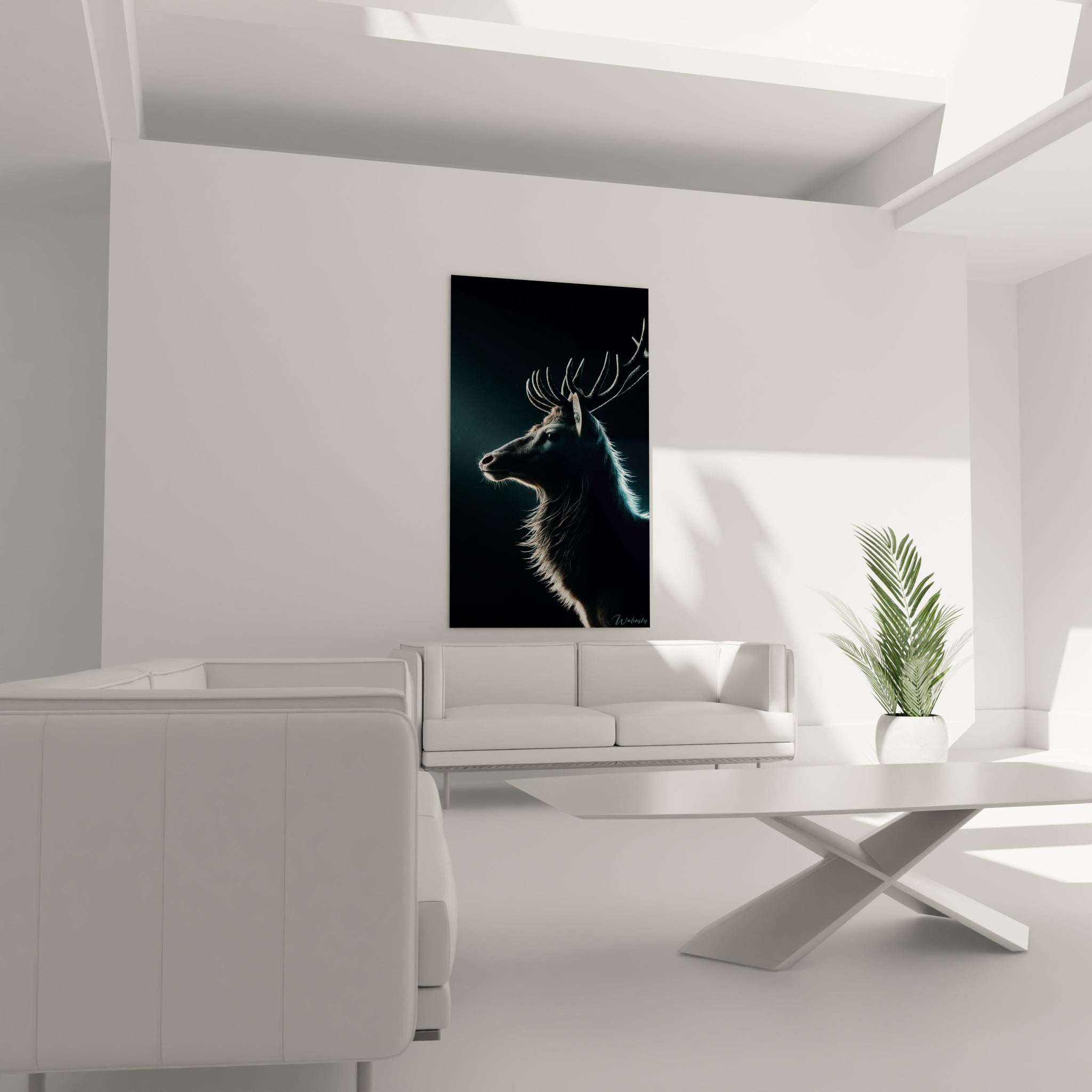 tableau cerf au-dessus d’un canape dans un salon moderne contraste entre le fond sombre et les nuances lumineuses qui subliment la serenite du cerf

