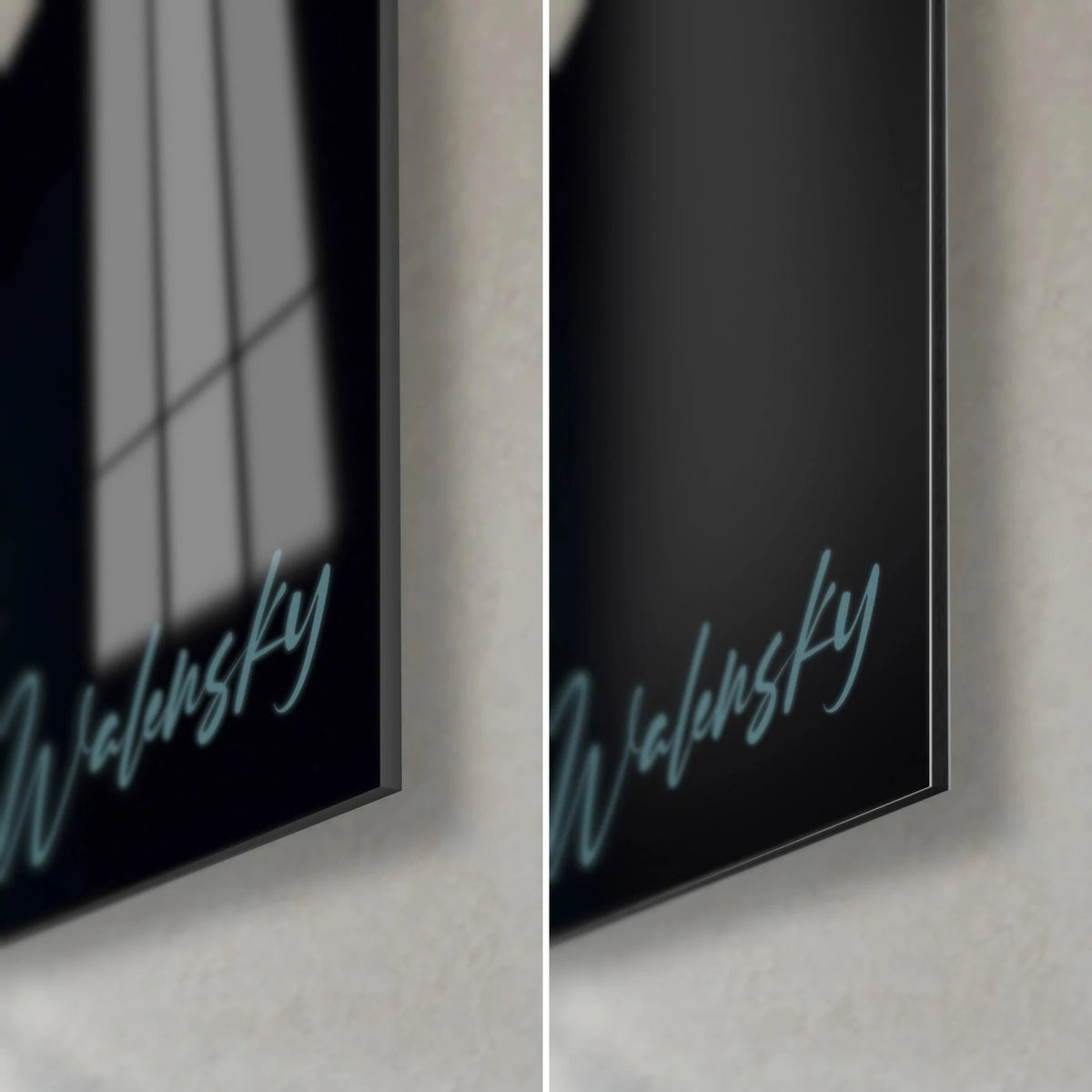 Wall art nocturnal stag, bottom right corner: glossy acrylic glass reflecting a window, matte black Dibond, turquoise Walensky signature