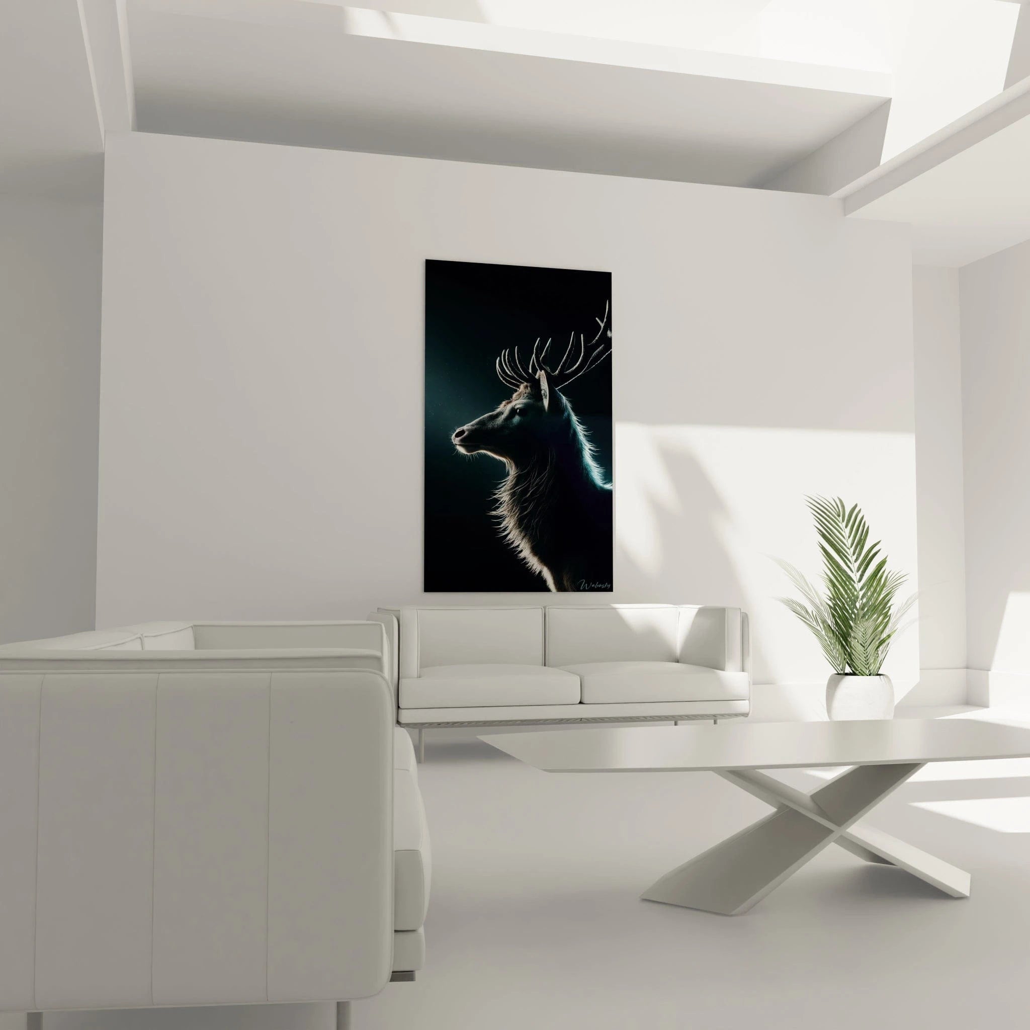 tableau cerf au-dessus d’un canape dans un salon moderne contraste entre le fond sombre et les nuances lumineuses qui subliment la serenite du cerf

