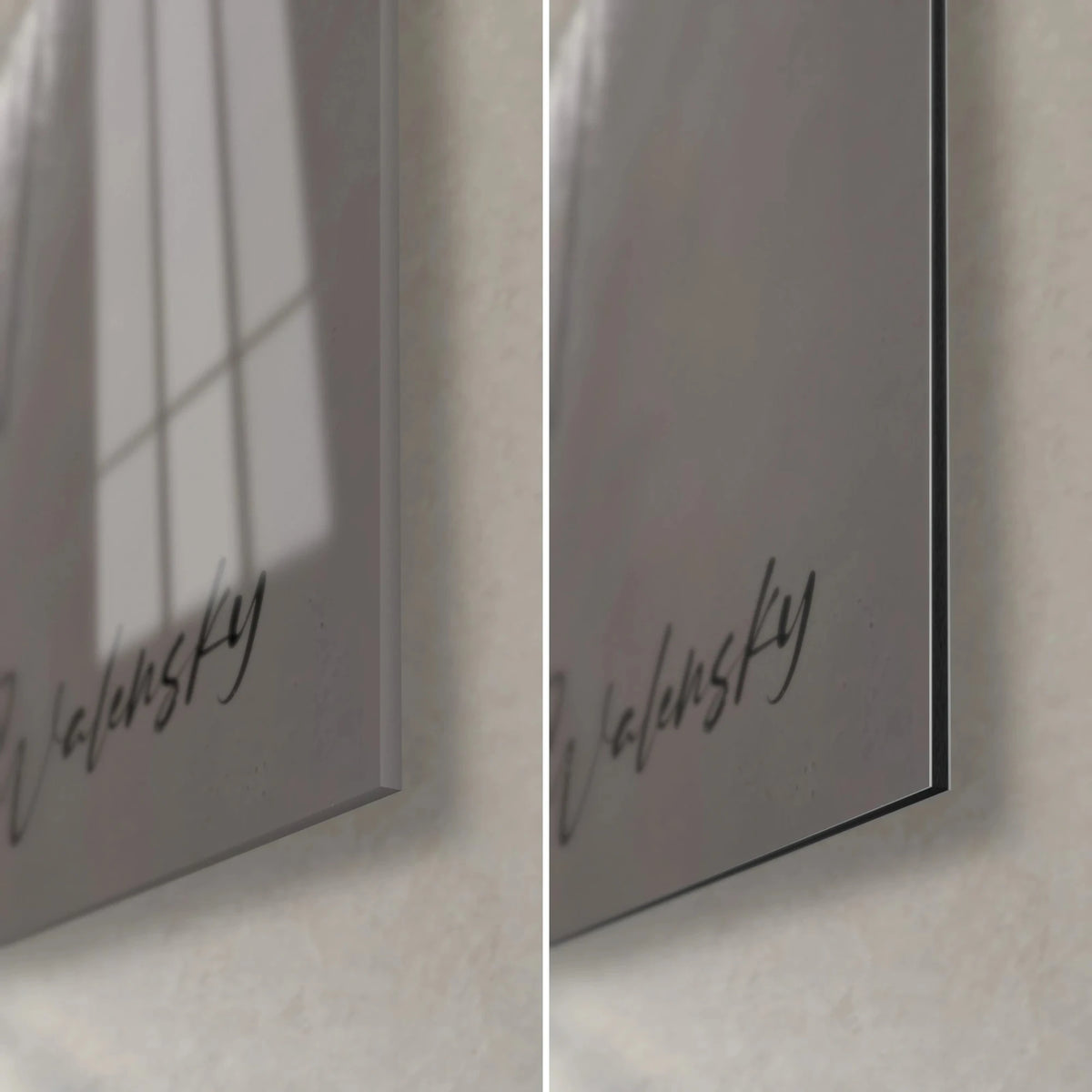 Tableau géant à l'écaille de trompe grise, coin bas droit : verre acrylique brillant à gauche, alu Dibond noir mat à droite, tranche fine