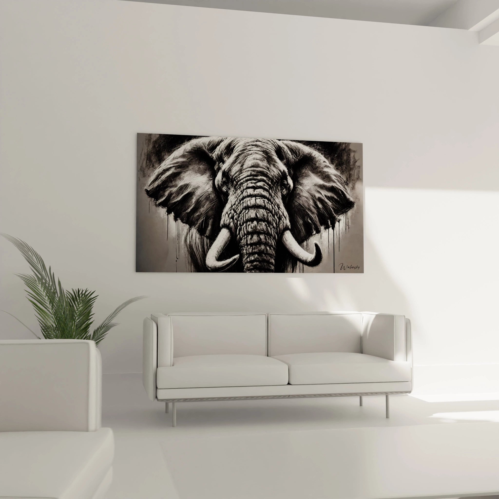 Ce tableau elephant, accroché au-dessus du canapé dans le salon, apporte une touche de majesté avec ses nuances de gris et son aspect minimaliste. Il attire naturellement l'attention et complète l'espace.

