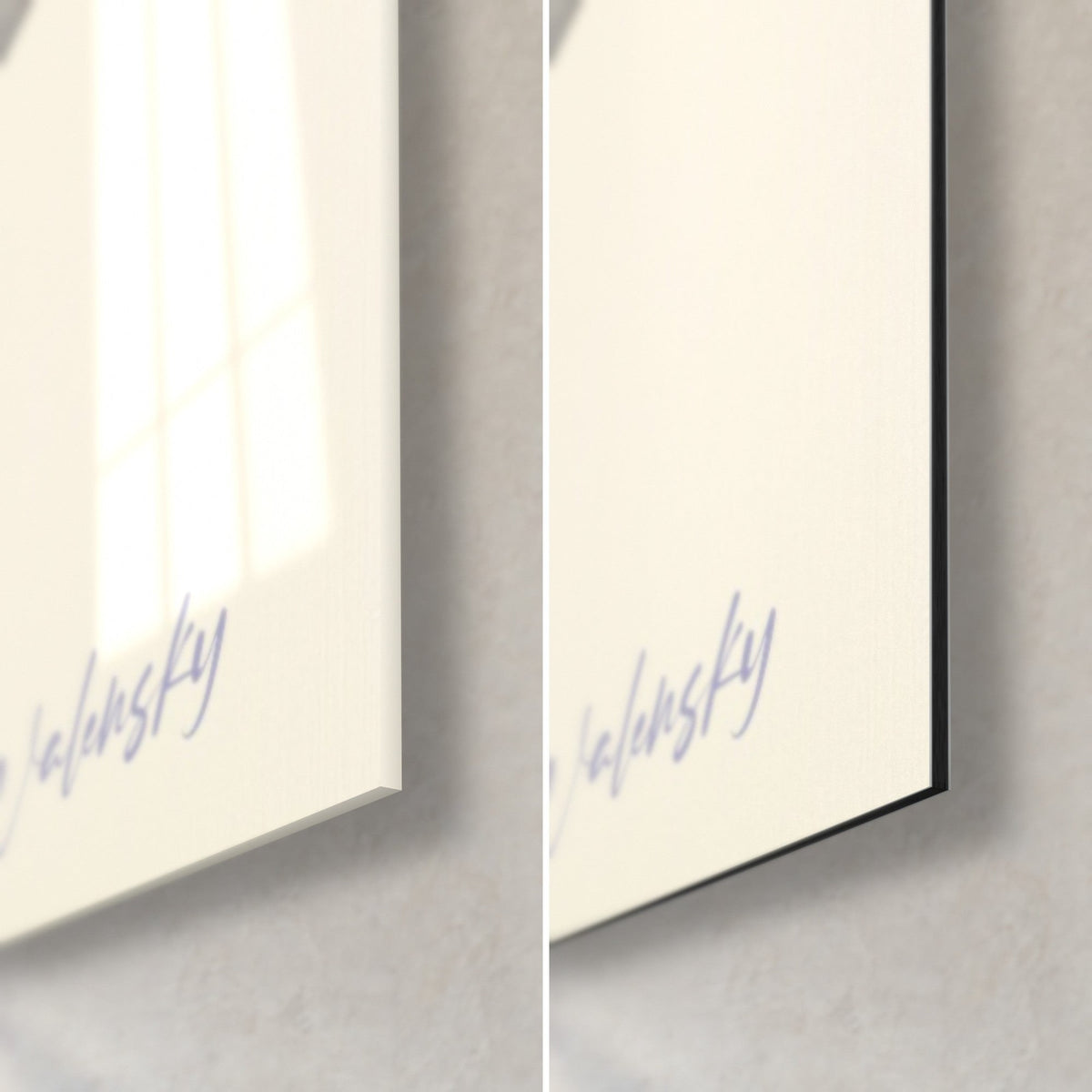 Wall art of wisteria clusters, bottom right corner, glossy acrylic glass with reflections on the left, matte black Dibond on the right, ivory background