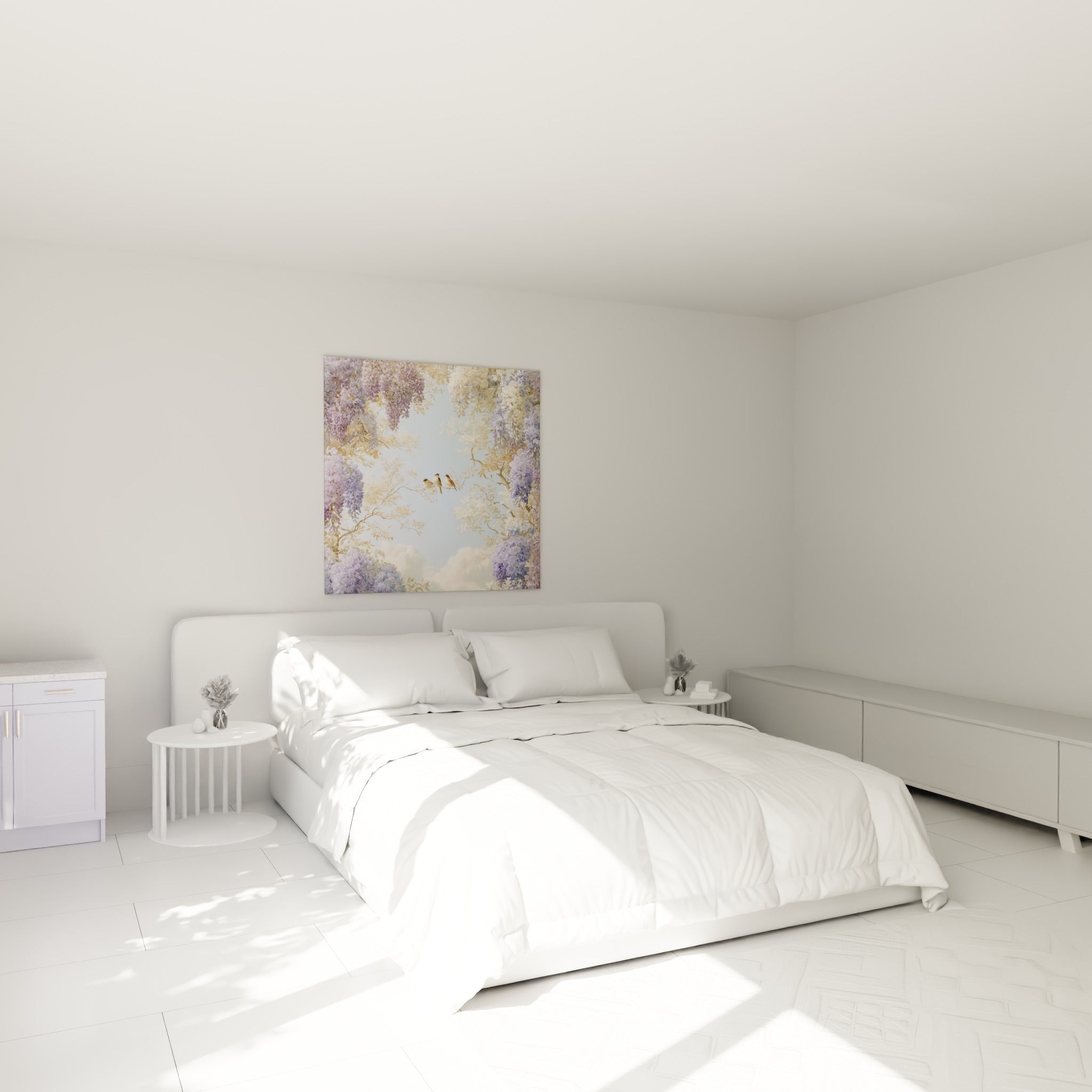 Moineaux et fleurs de glycine mauve pastel accrochés au-dessus d'un lit dans une chambre claire