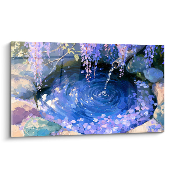 Tableau Bassin bleu violet aux pétales flottants - Murmure du bassin - Edition Glycine