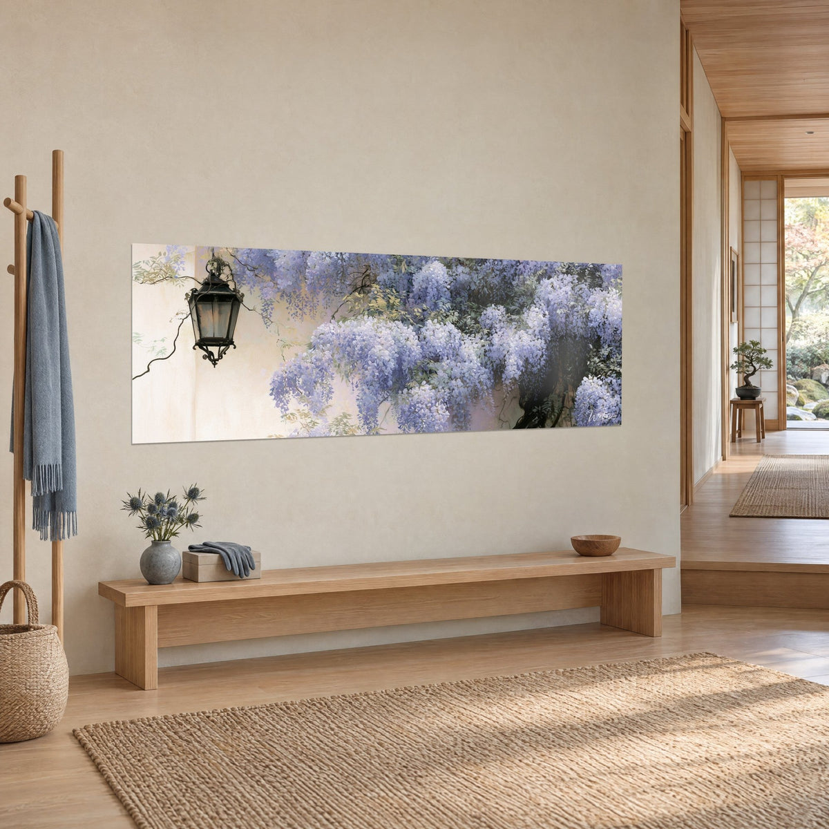 Wall art of a black wrought iron lantern and lilac flower clusters against an ivory wall, three-quarter view in a japandi hallway