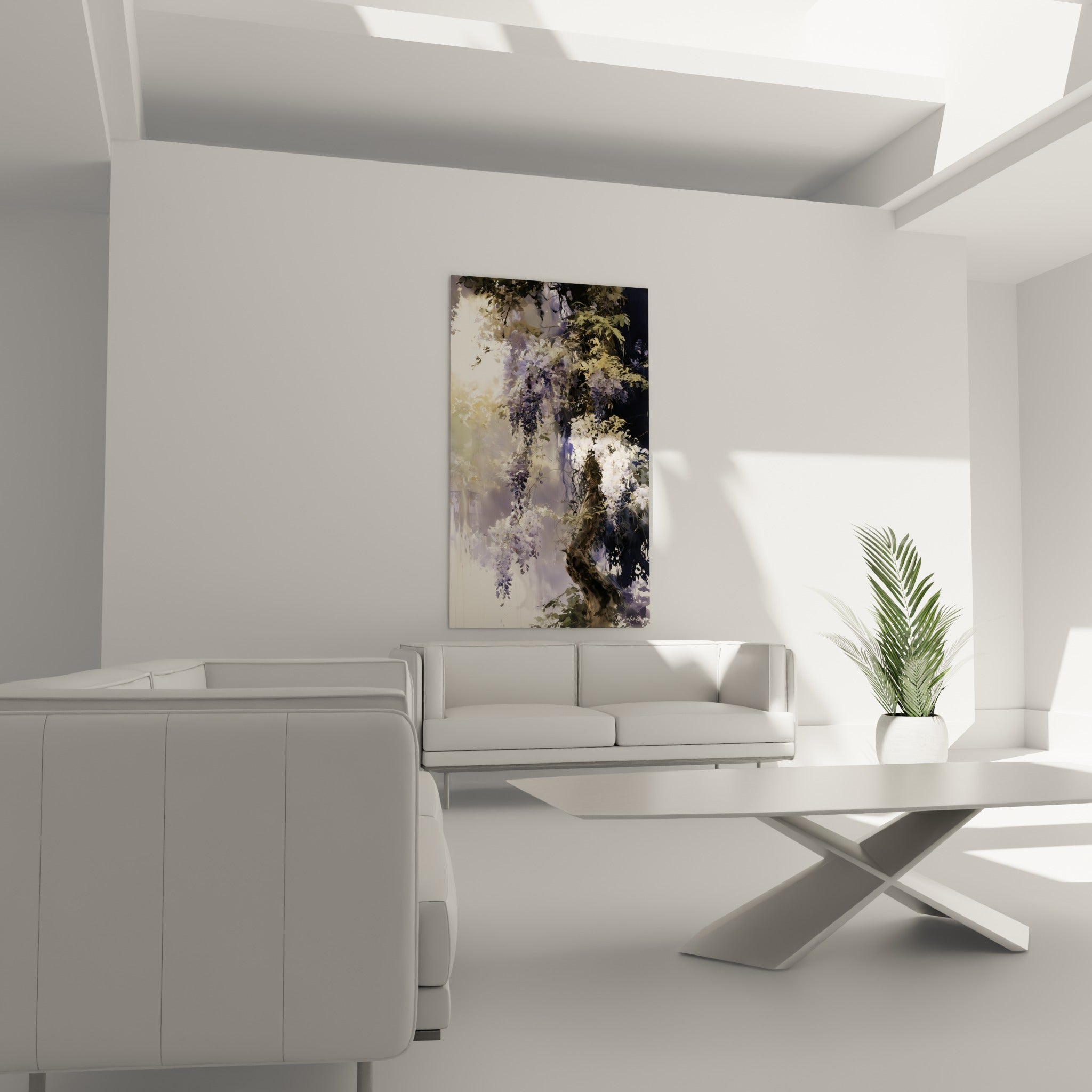 Fleurs de glycine mauve pâle et blanches tombant en rideau, au-dessus d'un canapé dans un salon lumineux