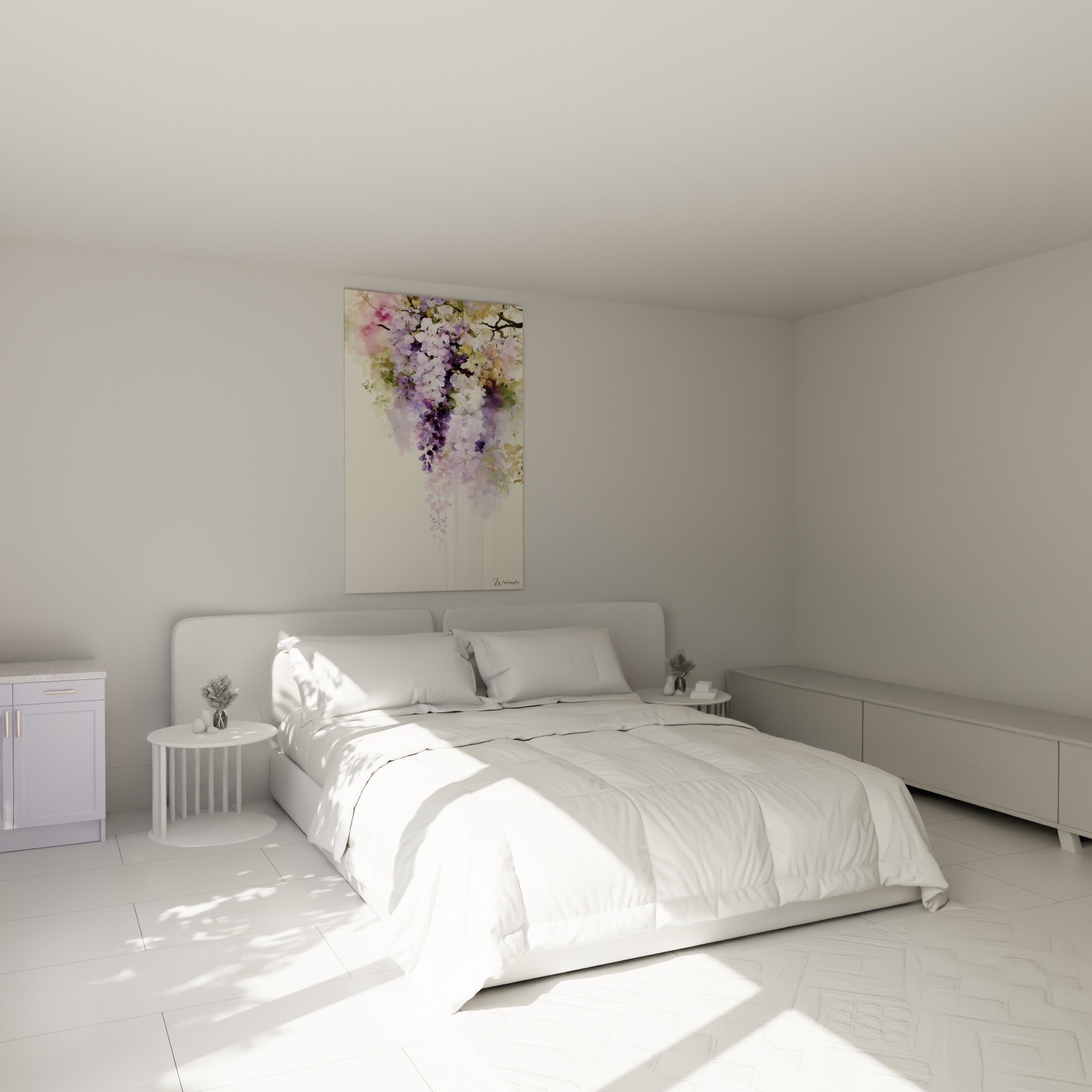 Fleurs de glycine violette et blanche accrochées au-dessus d'un lit dans une chambre claire