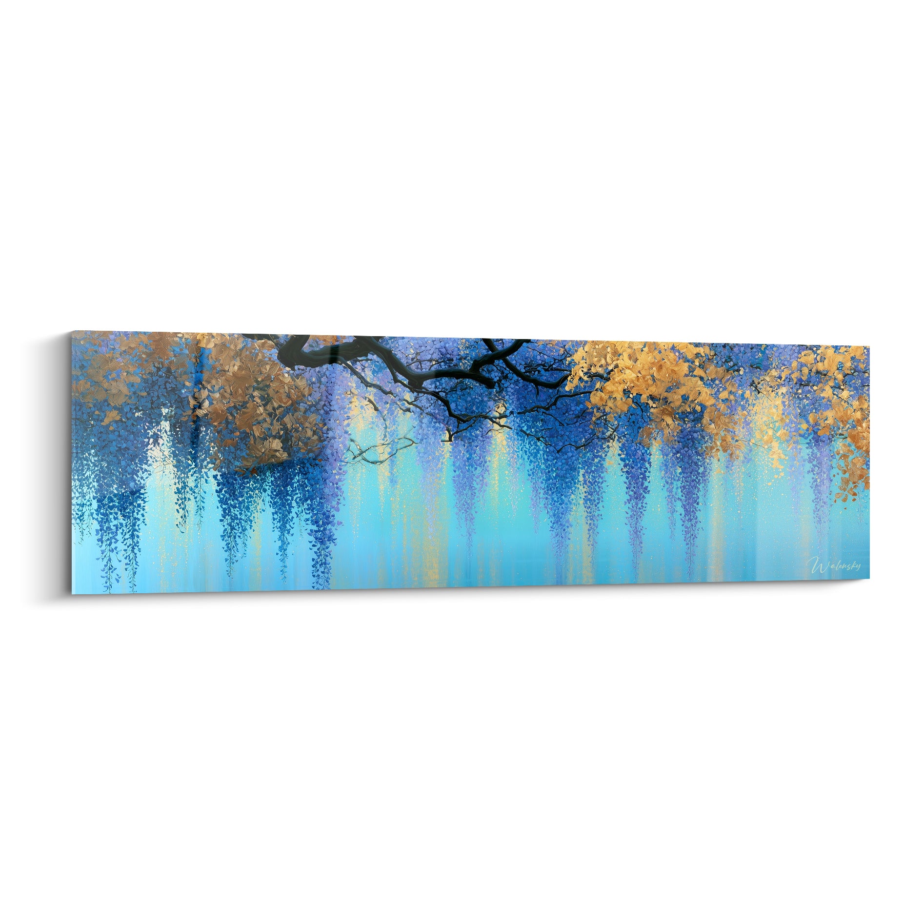 Glycine bleu marine et dorée en grappes tombantes sur fond turquoise, style japonisant lumineux