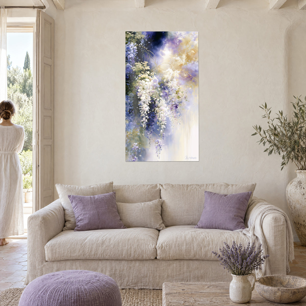Wall art wisteria in white and indigo blue clusters, golden tendrils, above a sofa in a bright living room