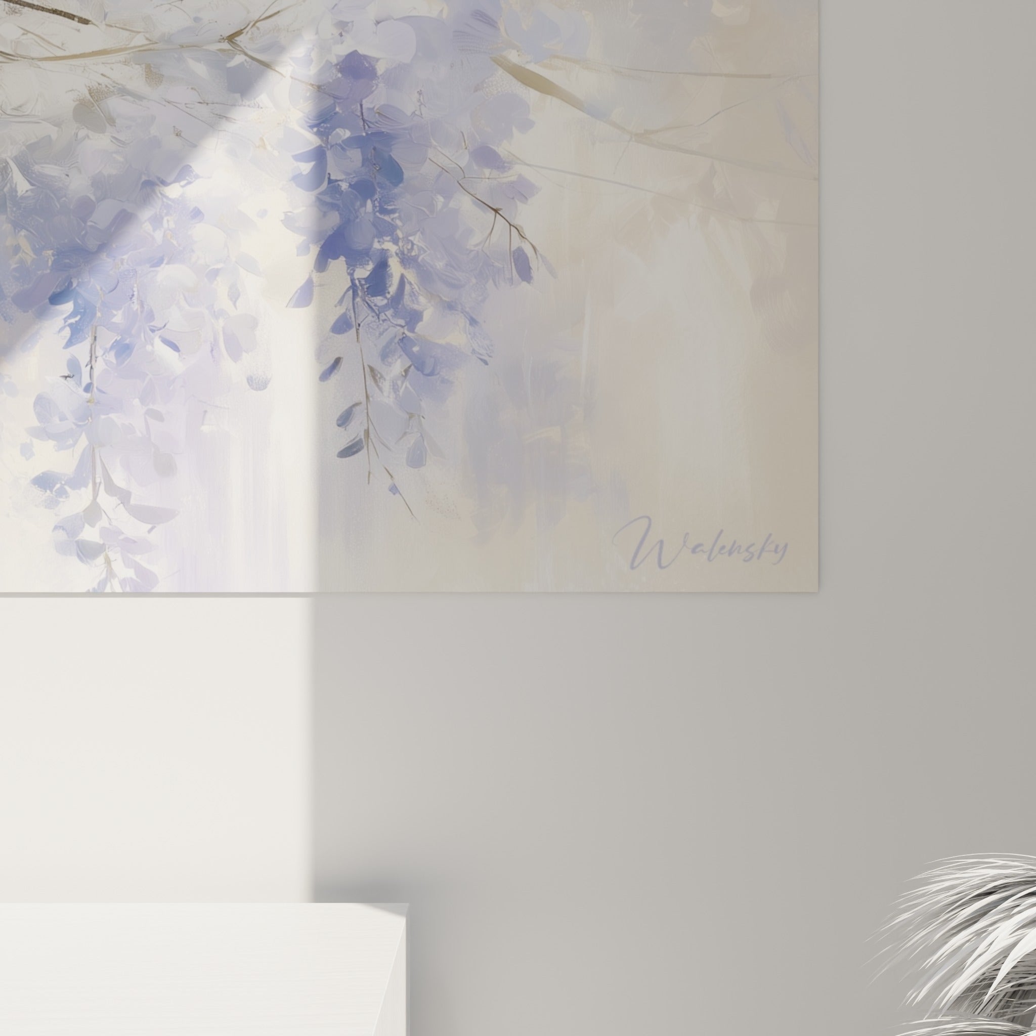 Détail des pétales de glycine bleu marine et blanc cassé, empâtements et fondus visibles sur la toile
