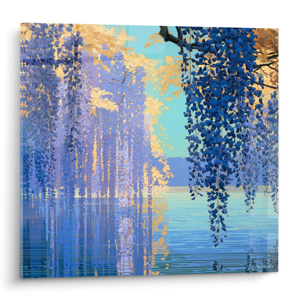Tableau Grappes bleu marine et dorées au-dessus d'un lac - Rêverie lacustre - Edition Glycine