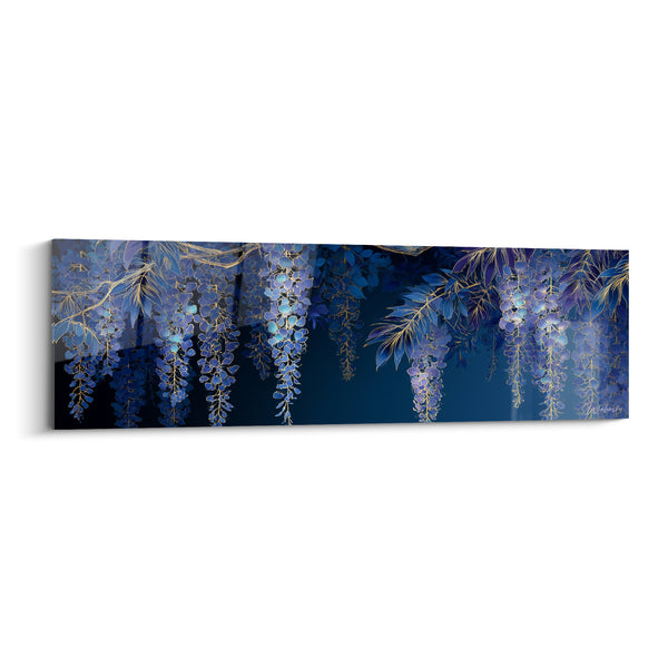 Tableau Grappes bleu nuit et mauves aux nervures dorées - Feuillage nervuré doré - Edition Glycine
