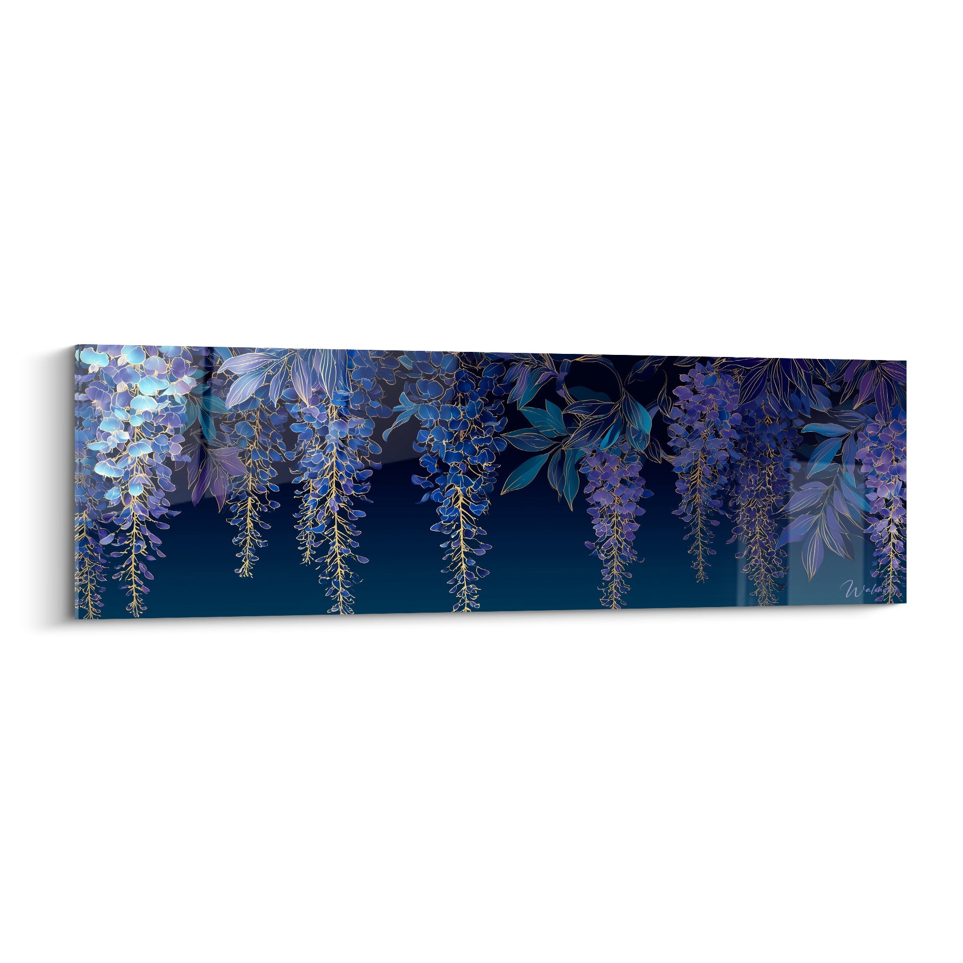 Glycine bleu marine et violette suspendue, contours dorés sur fond nocturne anthracite dégradé