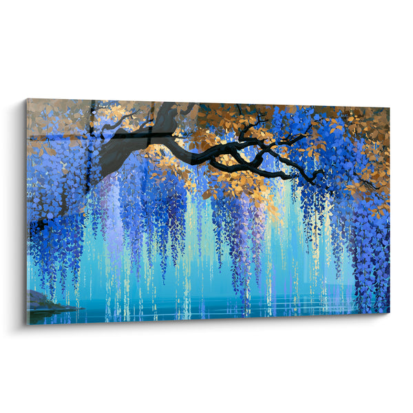 Tableau Arbre bleu et doré au-dessus d'un lac - Cascade fleurie - Edition Glycine