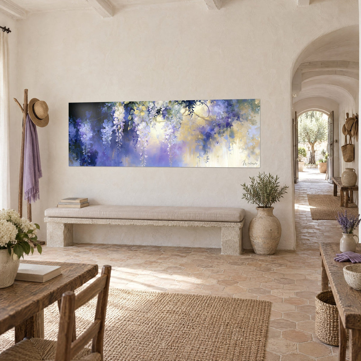 Wall art lavender and cream flower clusters falling like a veil, soft golden light, whitewashed wall of a Provençal farmhouse