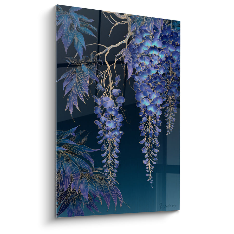 Tableau Grappes bleu nuit et turquoise aux contours dorés - Feuillage aux nervures fines - Edition Glycine