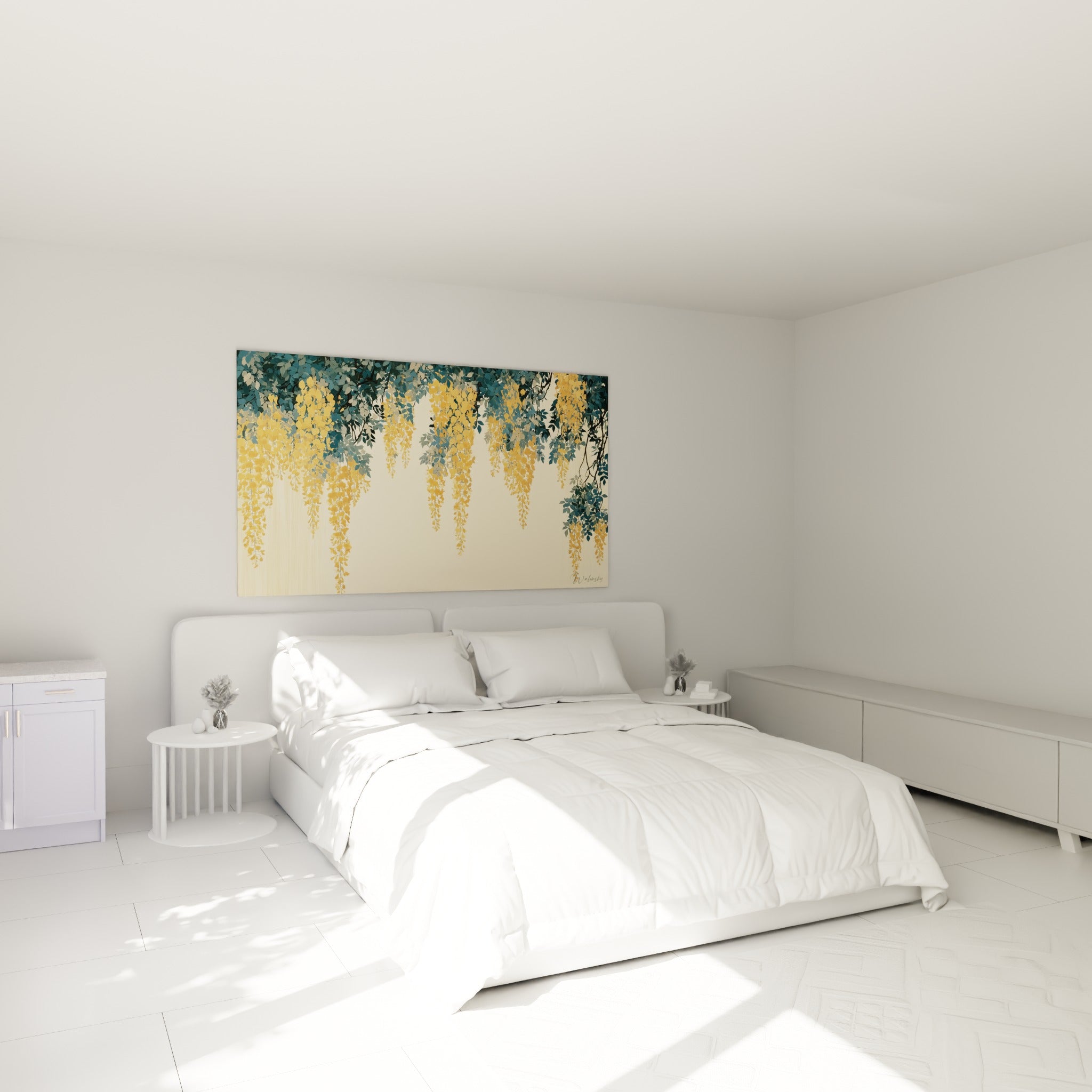 Grappes de glycine ocre et bleu pétrole tombant en cascade, accrochées au-dessus d'un lit dans une chambre claire