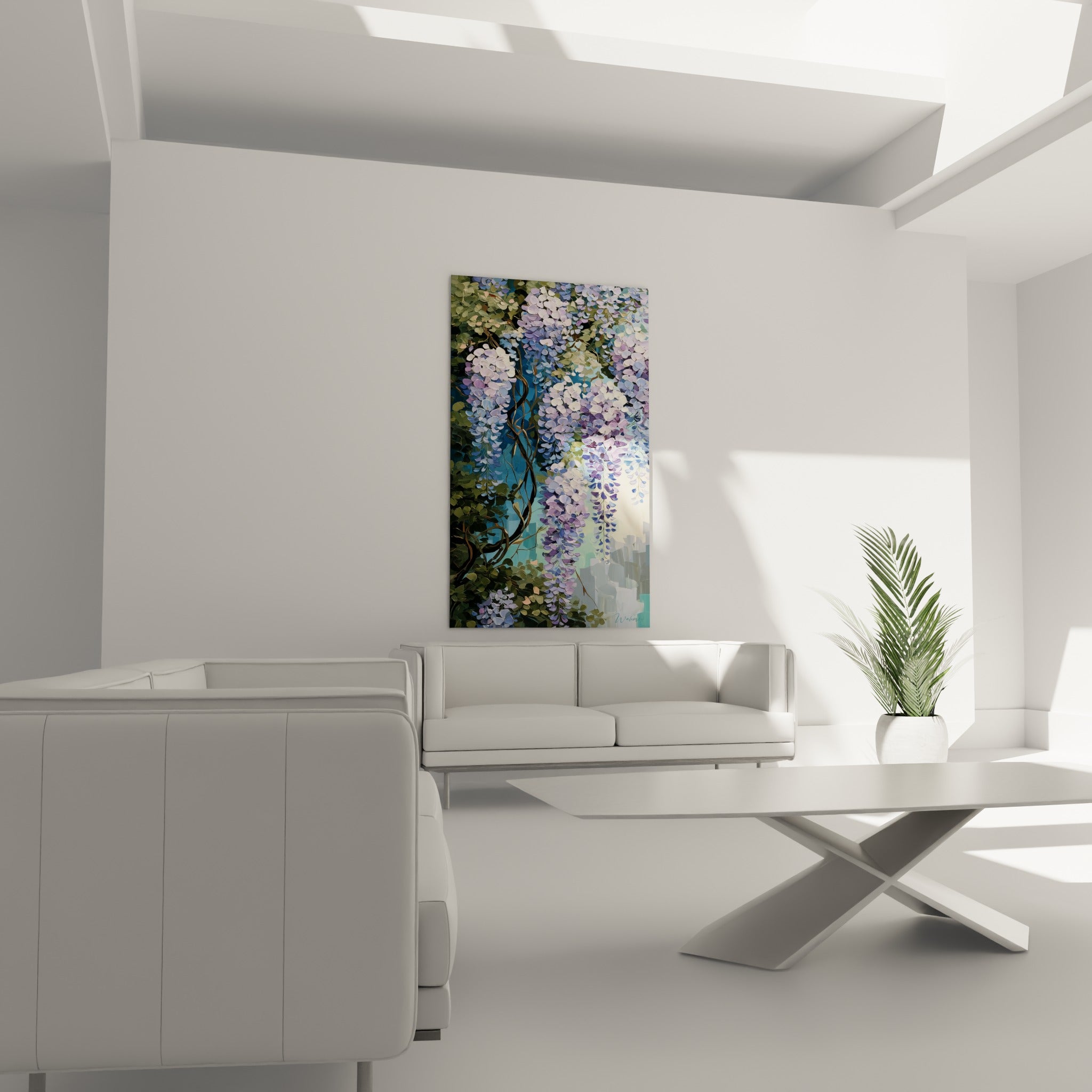Grappes de glycine bleu turquoise et mauve suspendues au-dessus d'un canapé dans un salon lumineux