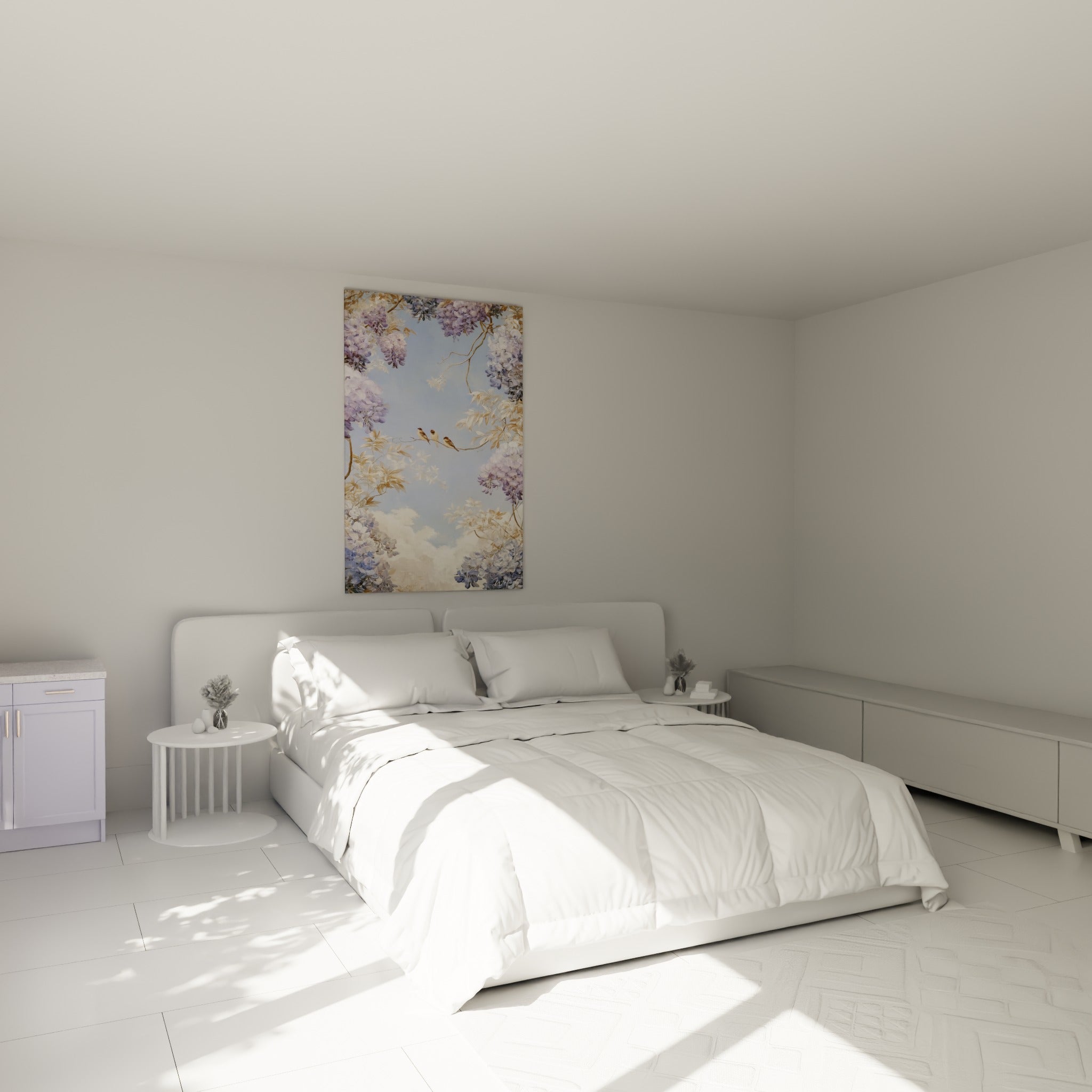Trois oiseaux beiges sur fond bleu pastel entouré de glycine mauve, au-dessus d'un lit dans une chambre claire