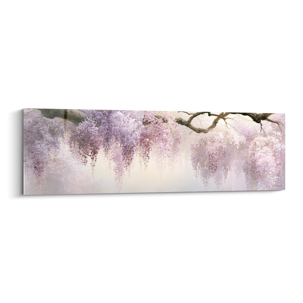 Tableau Grappes mauves et roses sur branche horizontale épaisse - Brume laiteuse dorée - Edition Glycine