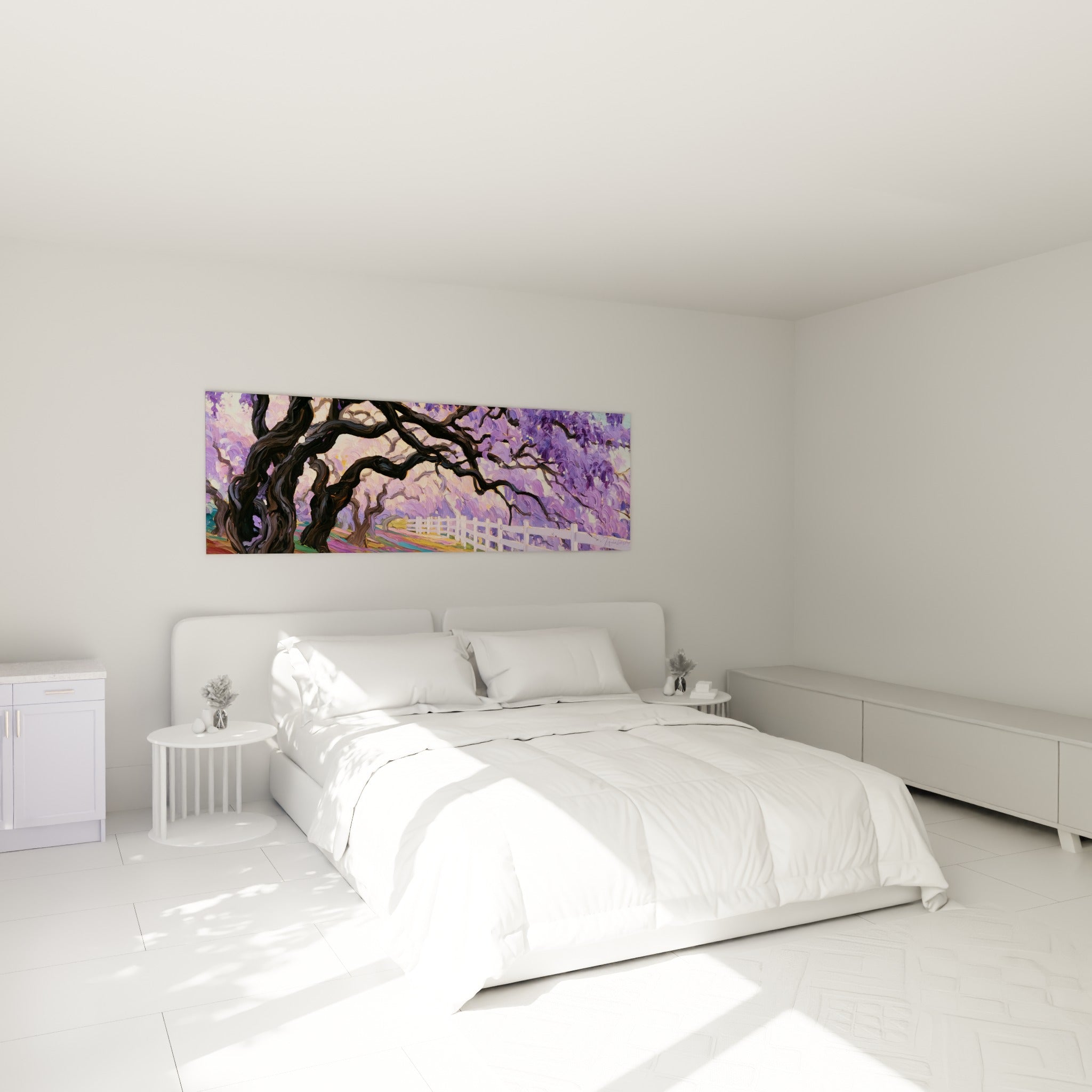 Glycine violette et pastel domine cette toile, accrochée au-dessus d'un lit dans une chambre claire