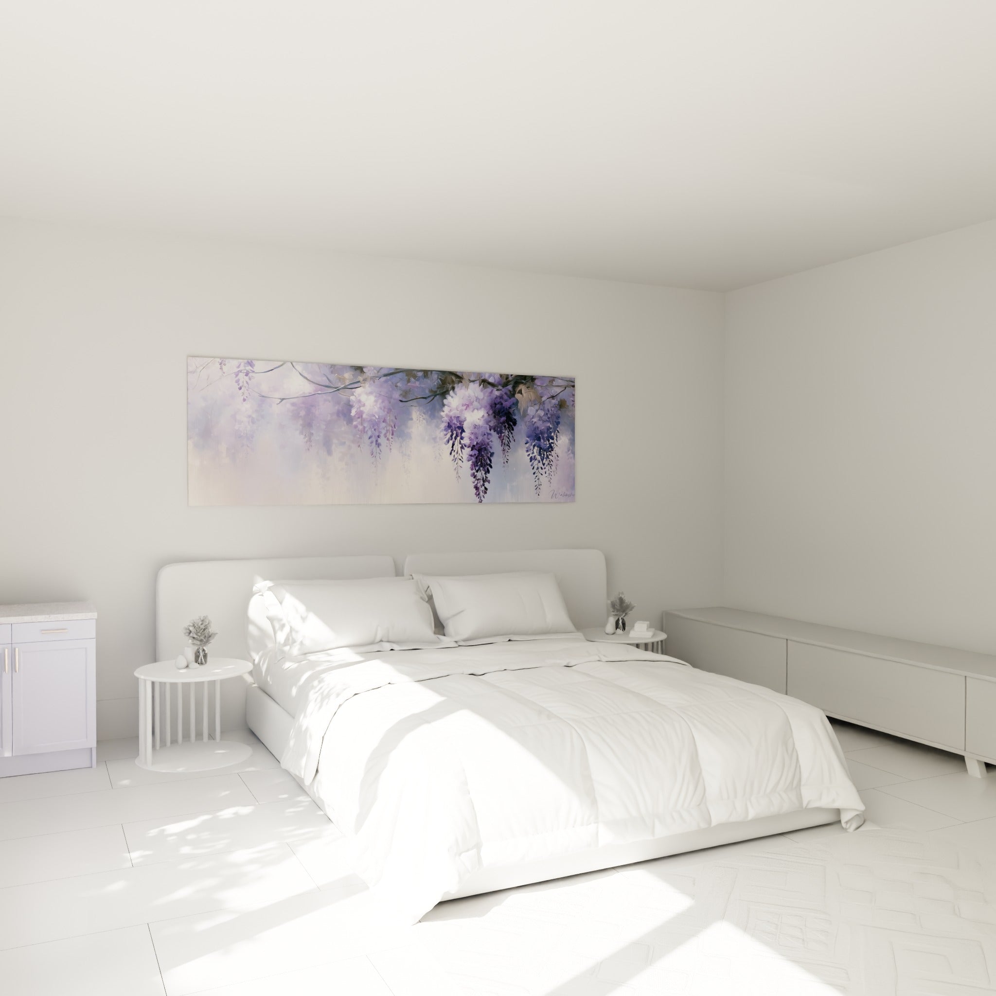 Grappes de glycine violette et blanche flottant au-dessus d'un lit dans une chambre claire