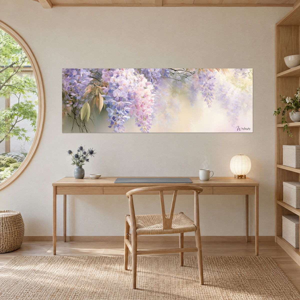 Gemälde Blütenlaube in lavendelfarbenen und zartrosa Pastelltönen, goldene Blätter links, über einem Holzschreibtisch neben einem runden Fenster