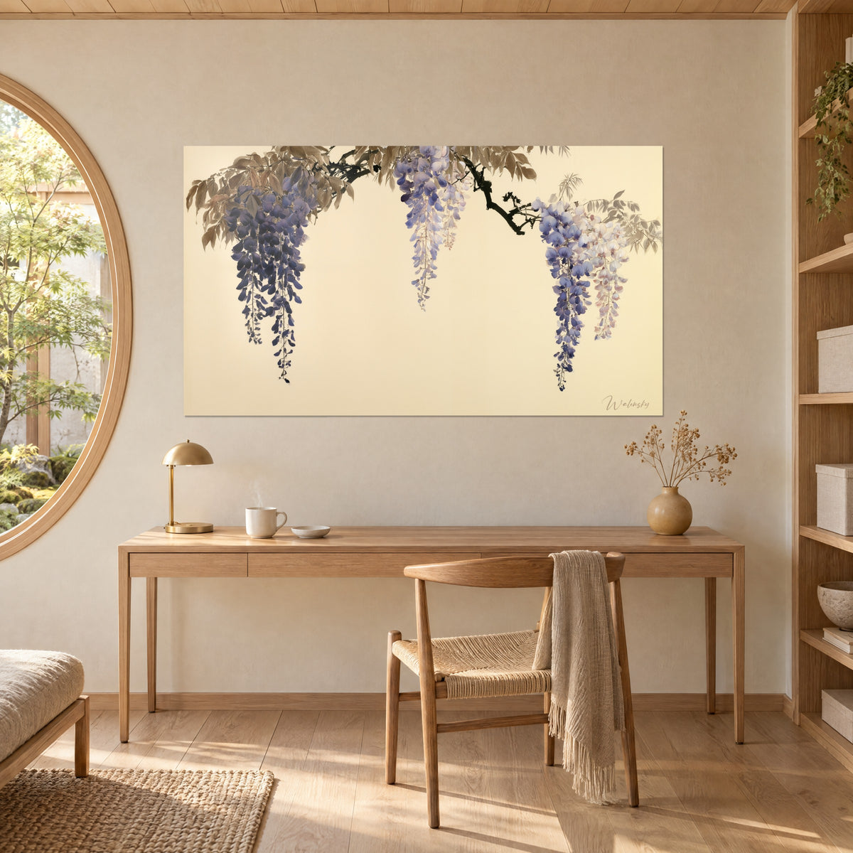 Schilderij aquarel blauweregen met diep violette en lila trossen, verbleekt sepia gebladerte, boven een bureau van licht eikenhout