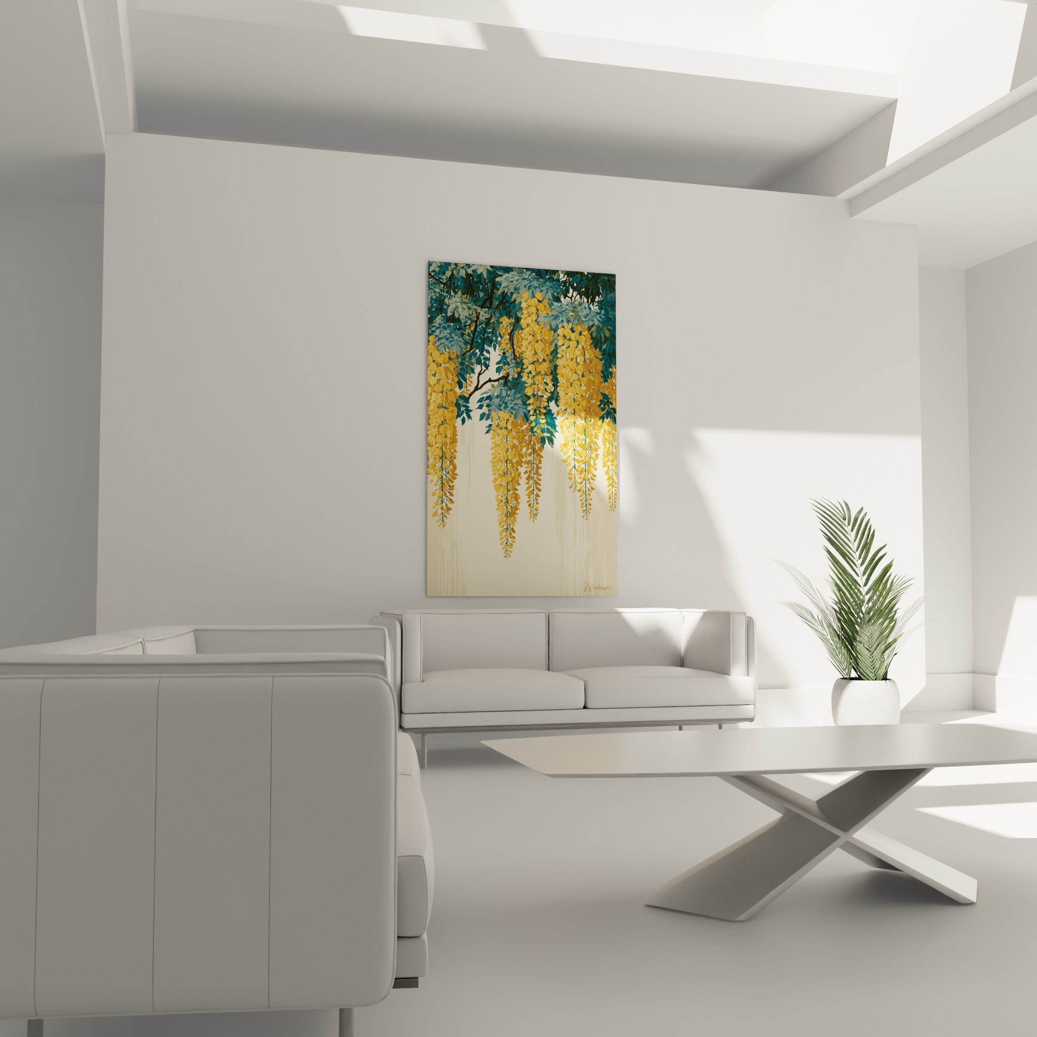 Cascade de glycine ocre et bleu turquoise disposée au-dessus d'un canapé dans un salon lumineux.