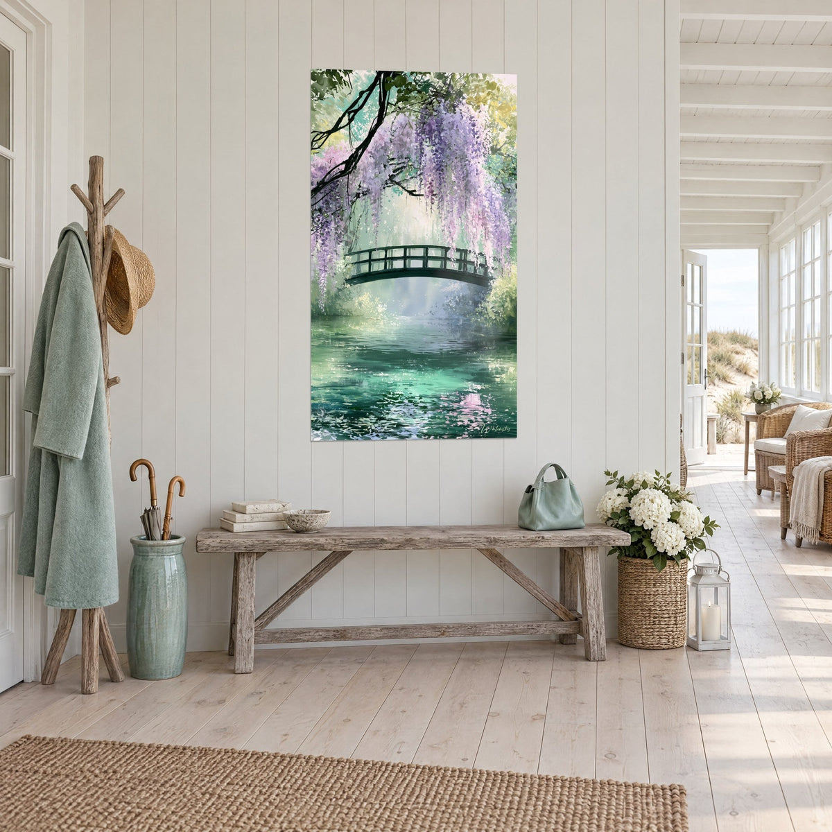 Wall art arched black footbridge with hanging violet clusters, green reflections on the water, hung above a wooden bench in a bright entryway