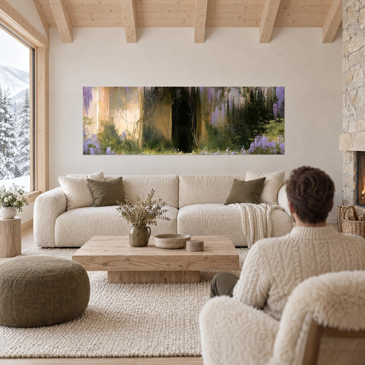 Wall art wisteria in violet clusters and a shaded path, ochre walls, green ferns, a man seen from behind above a sofa in a bright living room