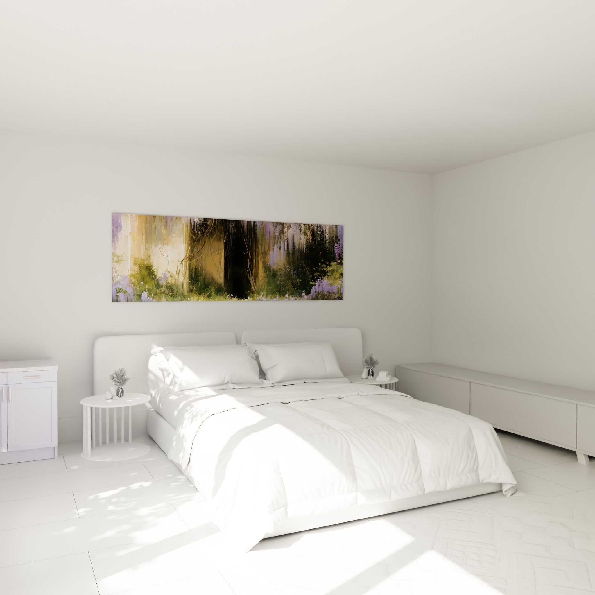 Cascades mauves et dorées du tableau Glycine au-dessus d'un lit dans une chambre claire