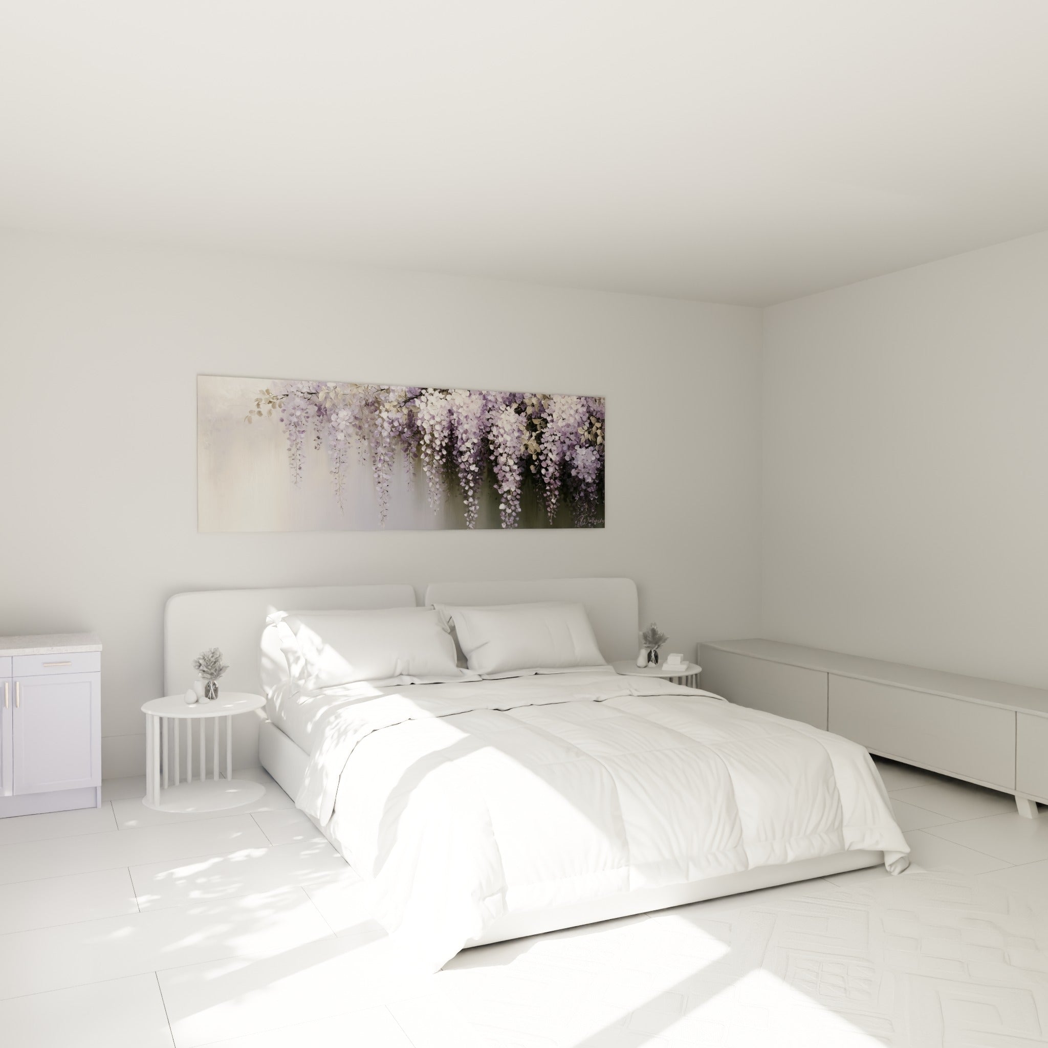 Cascade de glycine lilas et ivoire peinte au-dessus d'un lit dans une chambre claire