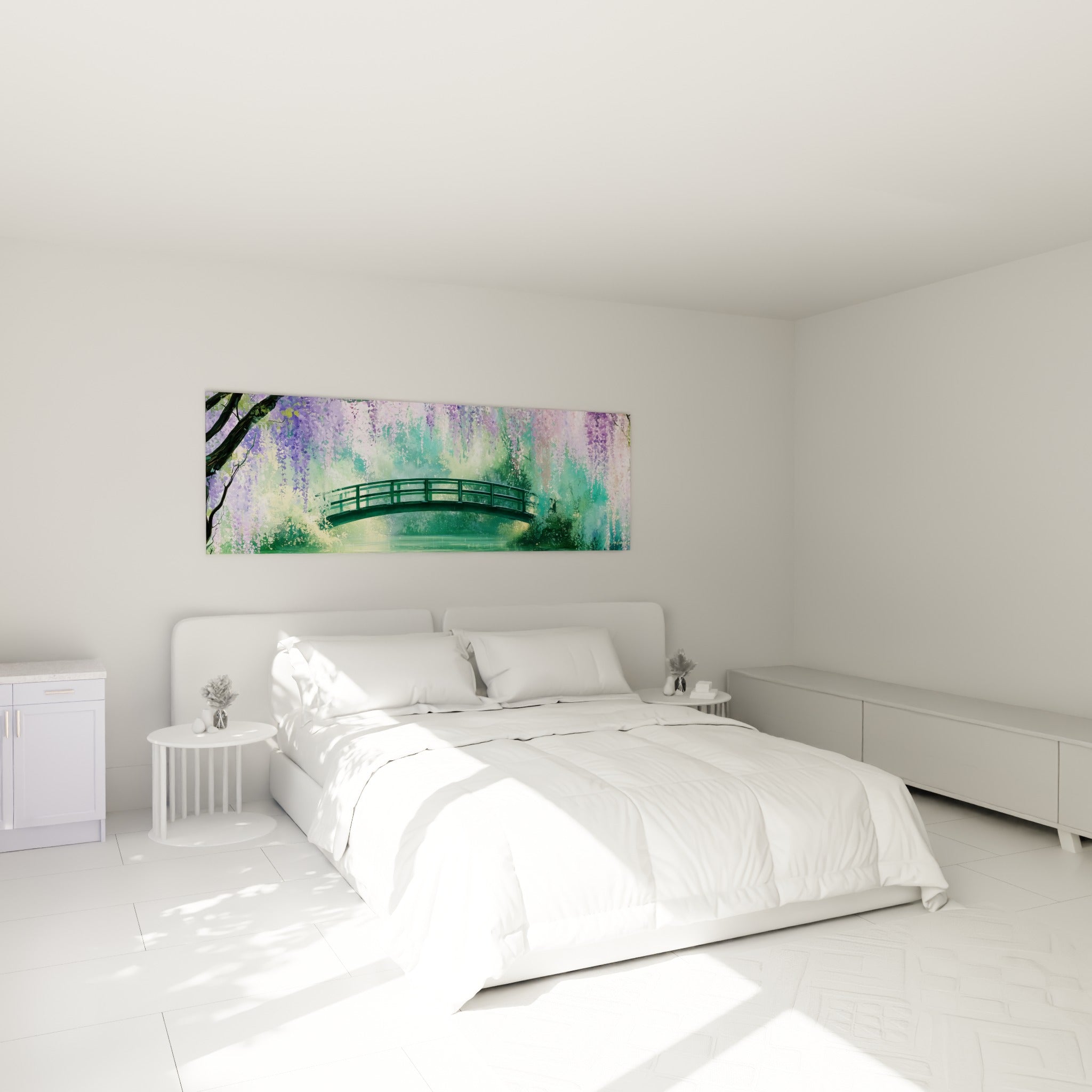 Fleurs de glycine mauves et roses surplombant un pont vert, accrochées au-dessus d'un lit dans une chambre claire