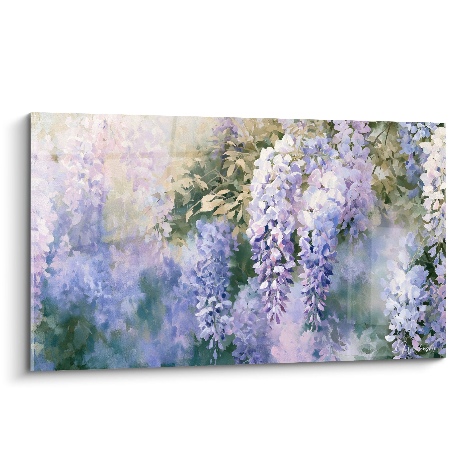 Glycine mauve et blanche en cascade, grappes délicates sur fond vert flouté