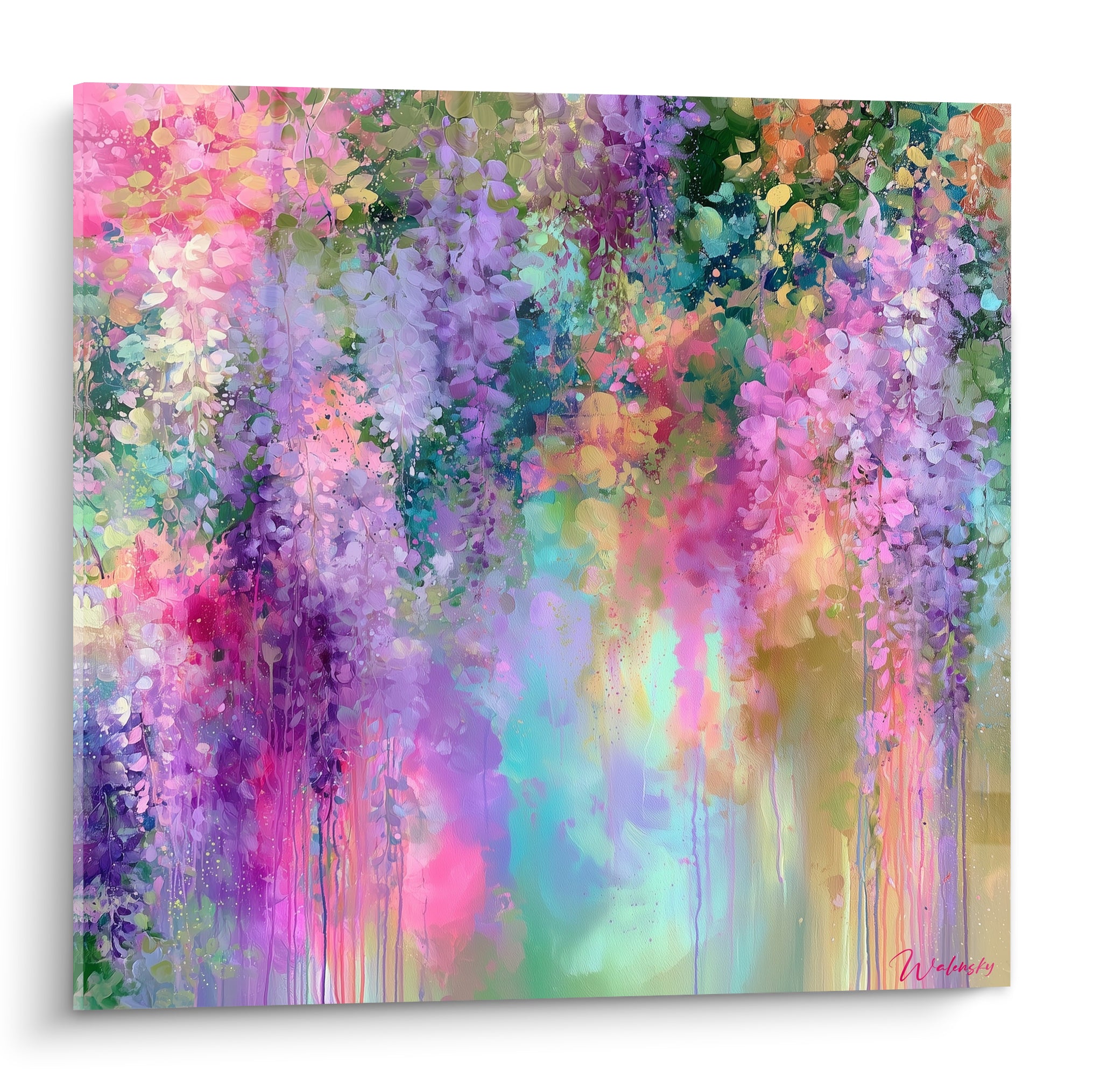 Glycine mauve et rose en cascade fleurie, touches turquoise, style aquarelle lumineuse et vaporeuse