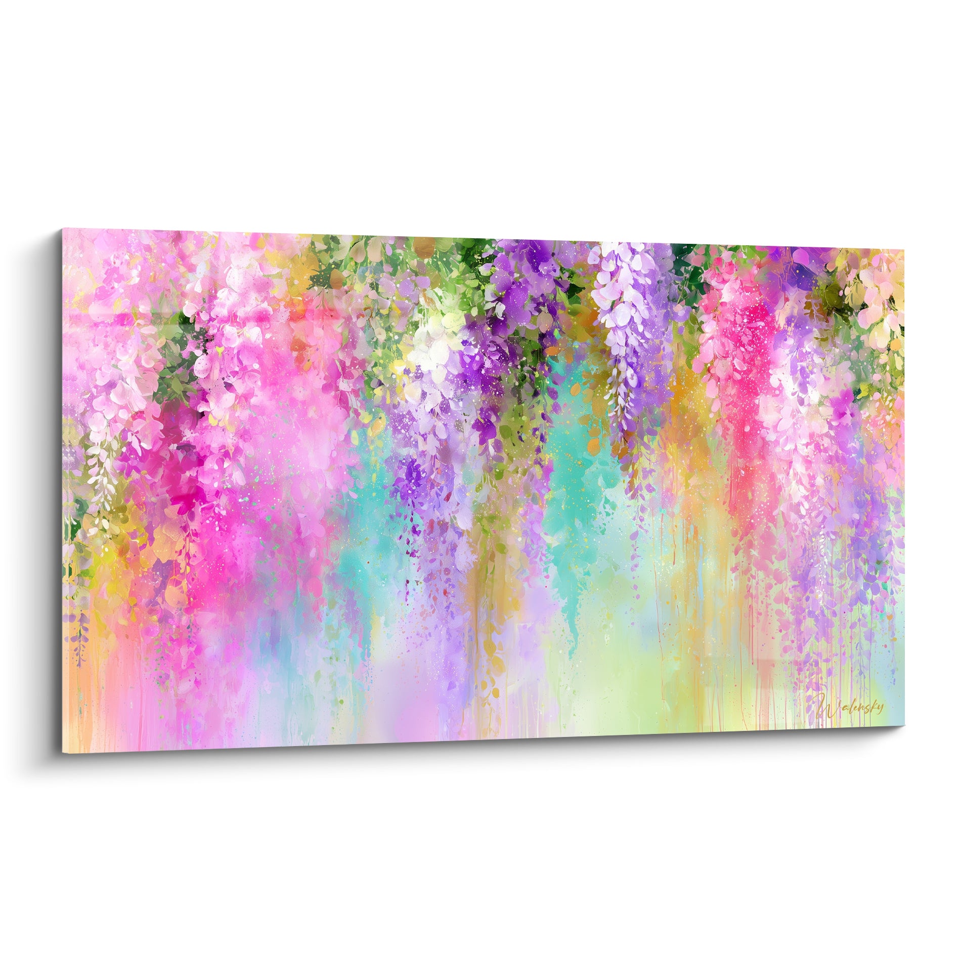 Glycine en cascade rose et violette, grappes fleuries peintes en aquarelle sur fond turquoise