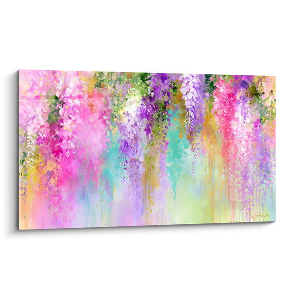 Tableau Grappes fuchsia et turquoise aux coulures aquarelle - Éclat multicolore printanier - Edition Glycine