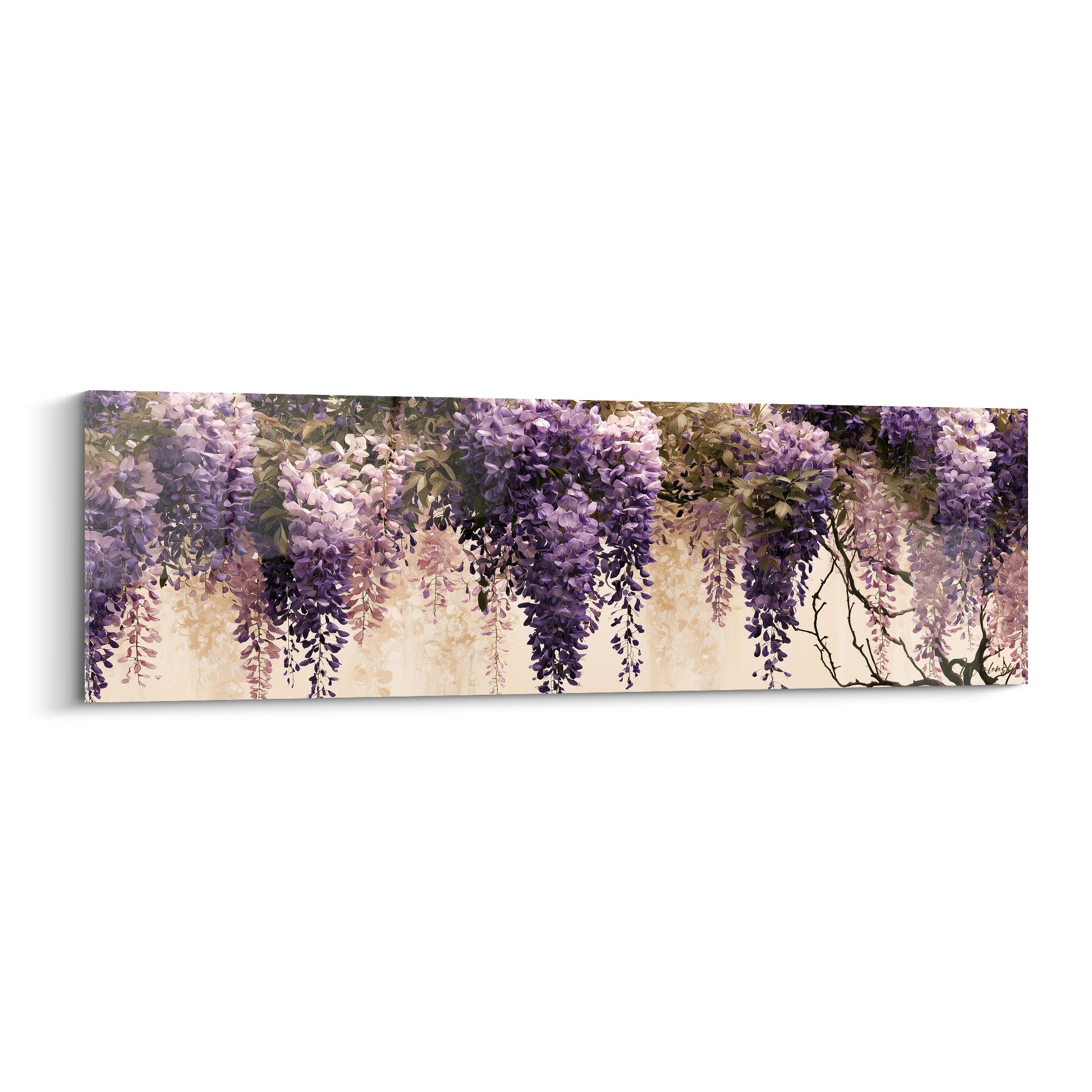 Glycine peinte en cascades violettes et lilas sur fond beige crème texturé
