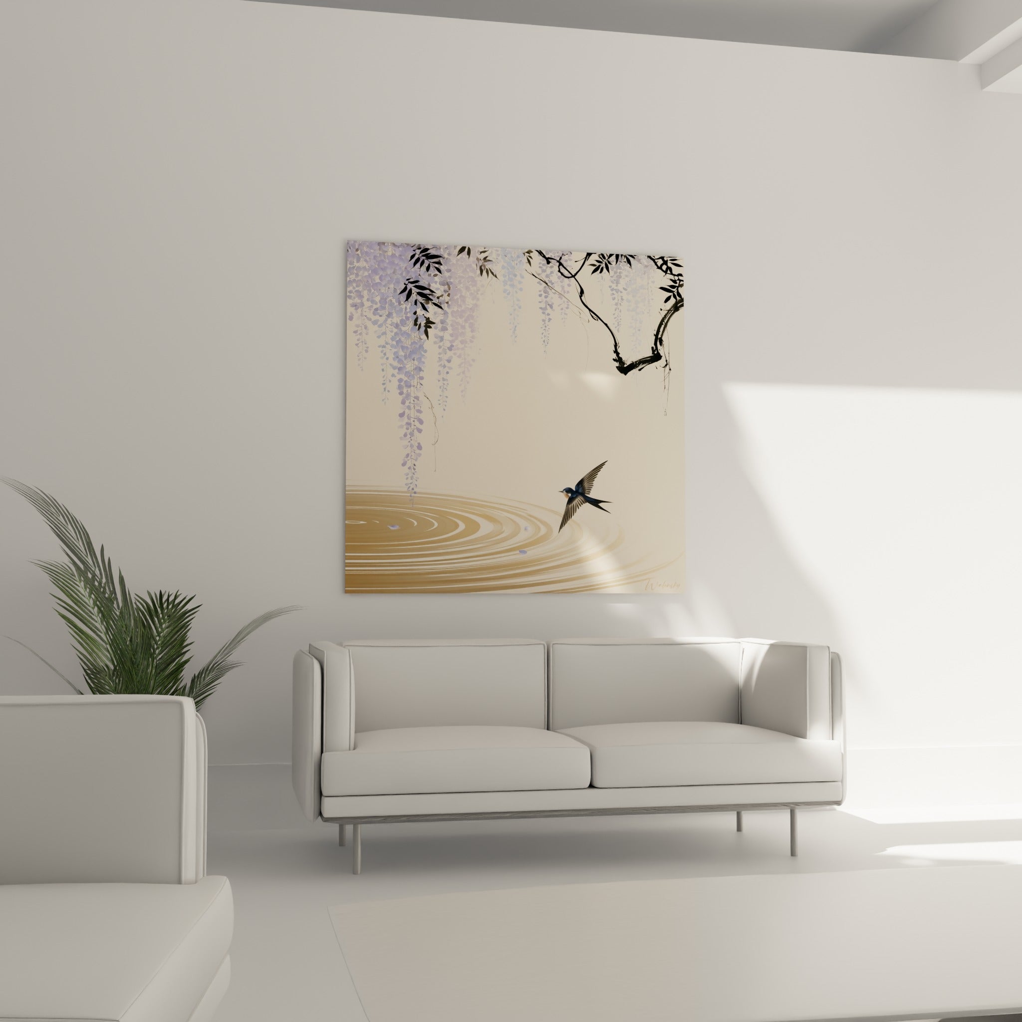 Cascade de fleurs lavande et cercles dorés accompagnant l'hirondelle au-dessus d'un canapé dans un salon lumineux