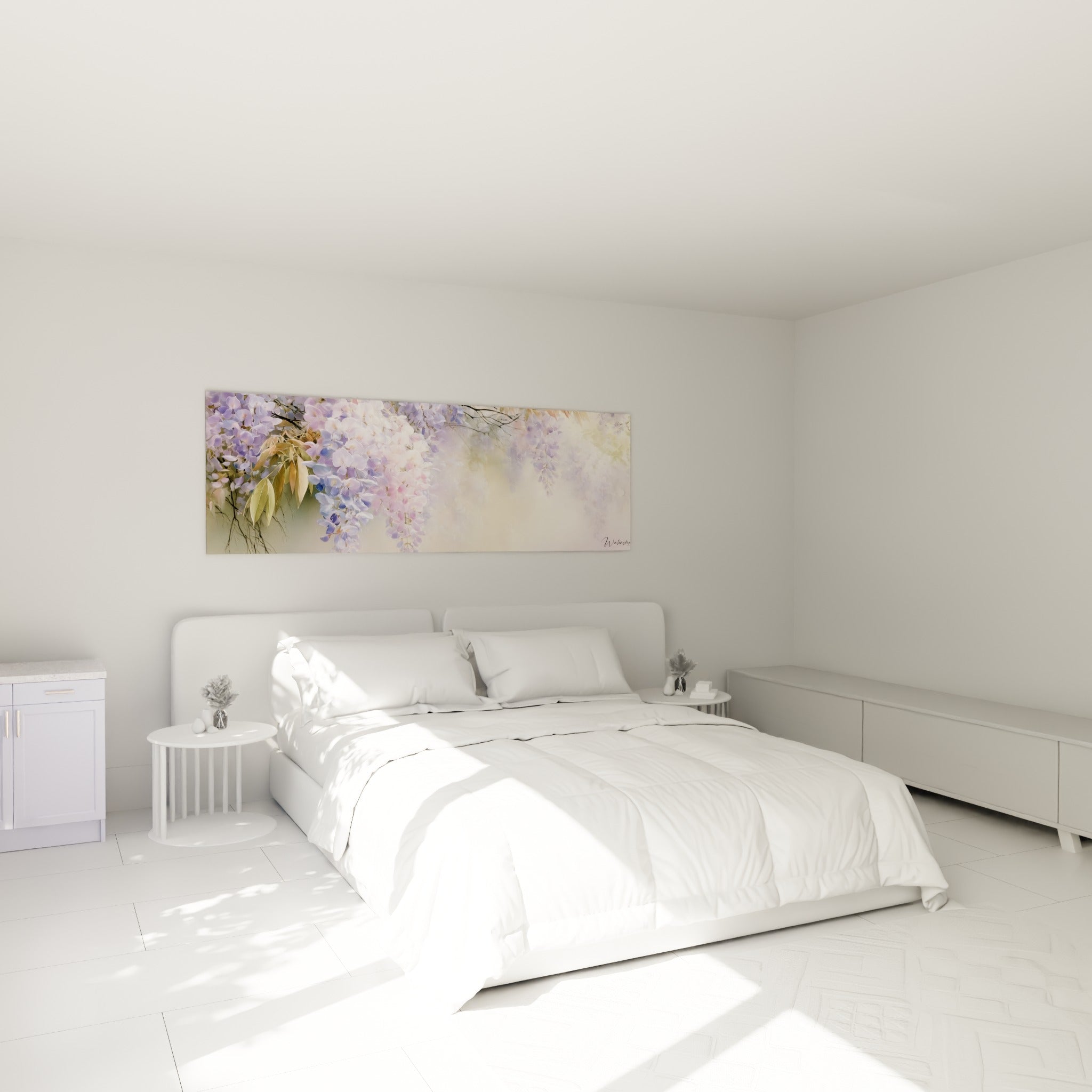Fleurs de glycine mauve et rose pâle disposées au-dessus d'un lit dans une chambre claire