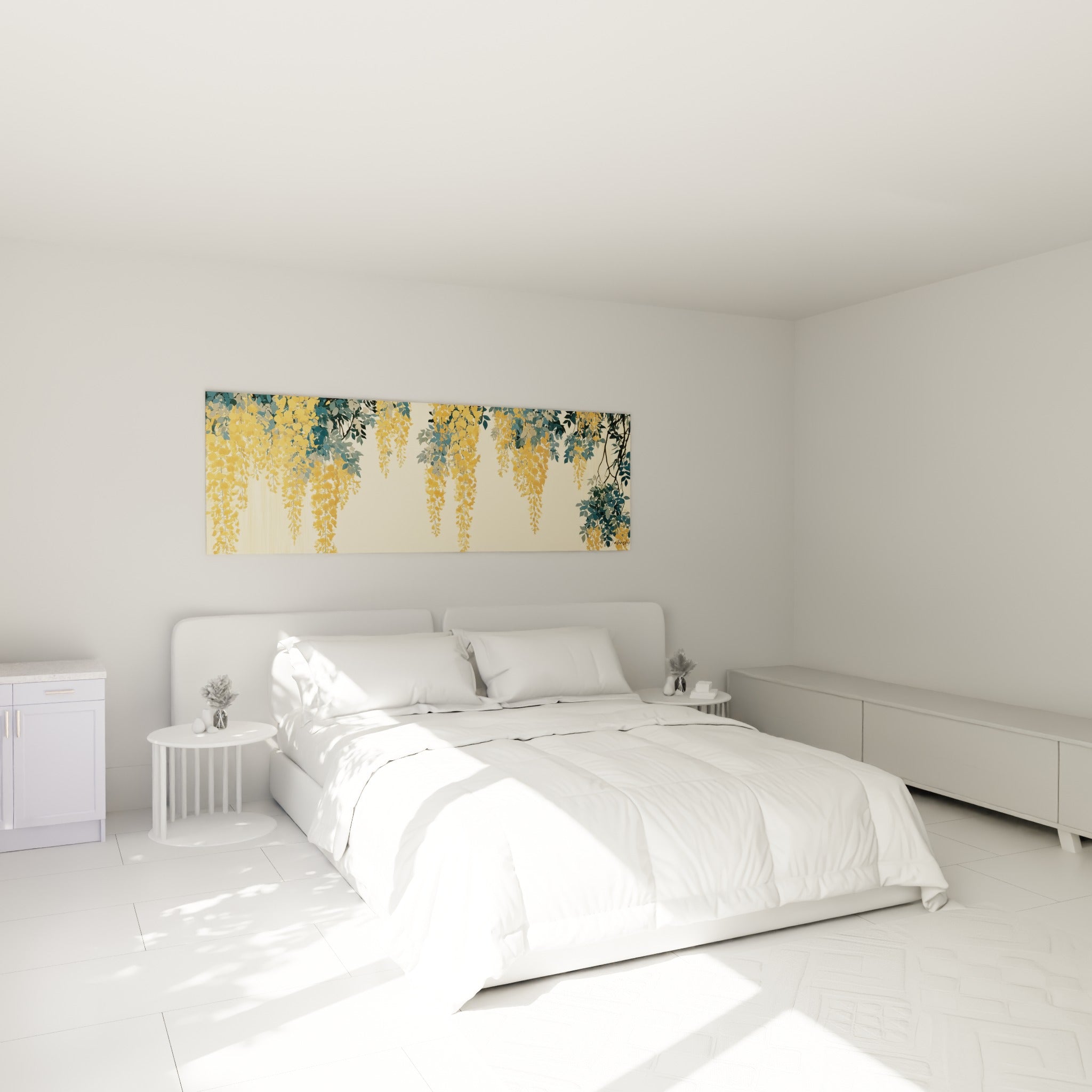 Grappes de glycine ocre et bleu pétrole suspendues, accrochées au-dessus d'un lit dans une chambre claire