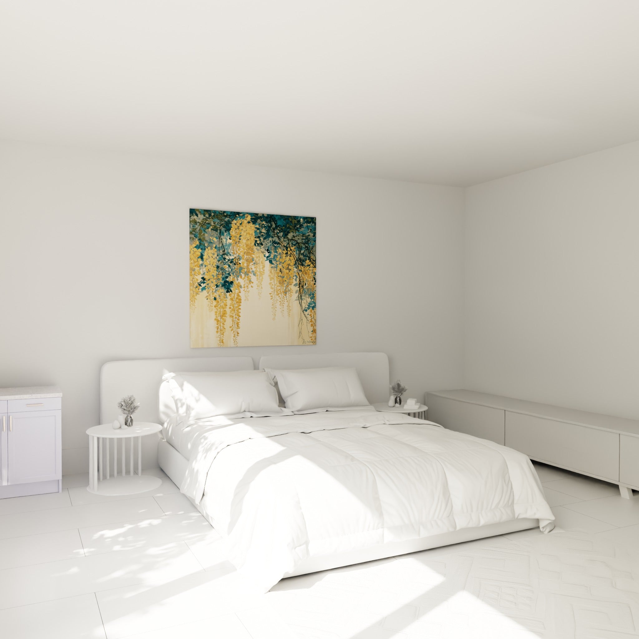 Grappes de glycine ocre et bleu pétrole accrochées au-dessus d'un lit dans une chambre claire