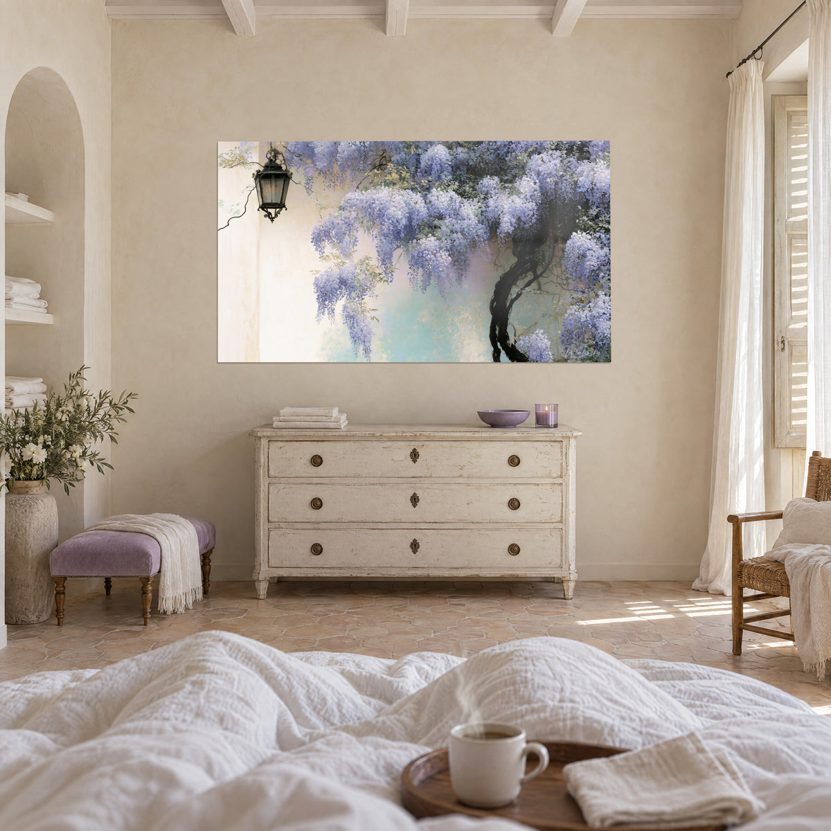 Wall art with a canopy of drooping violet flowers, twisted black trunk and beige wall, hung above a bed in a light bedroom